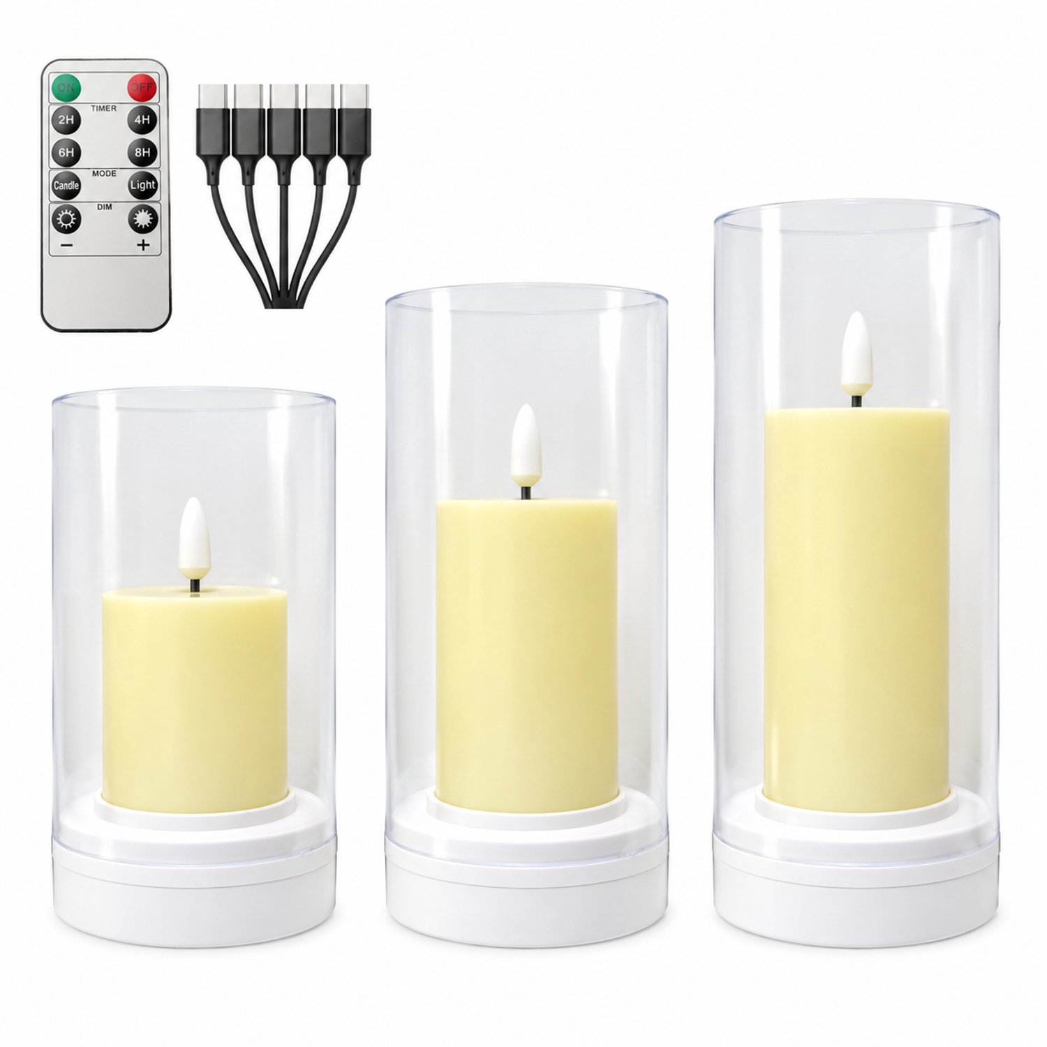 led kaarsen - 1 stuk, 8 x 14.5 cm, warmgeel licht, kogelvormige lont, uitvoering met afstandsbediening en transparante cilindervormige kap