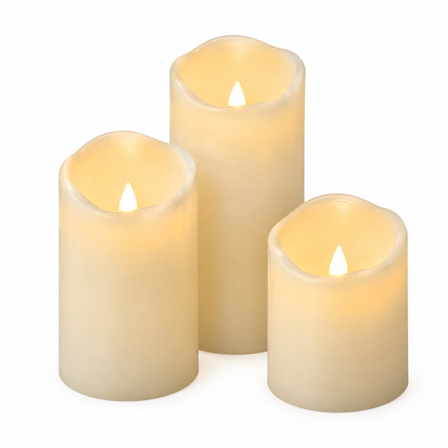 SWGOTA led kaarsen, set van 3, diameter 7.5 cm en hoogtes 10/12.5/15 cm, standaarduitvoering met golvende kunststof bovenrand en vaste vlamvorm Ivoor