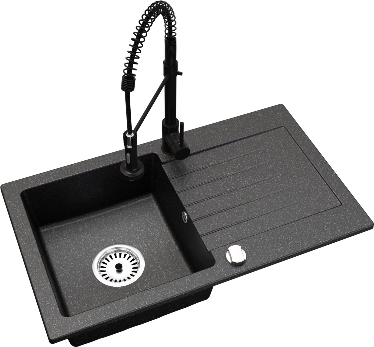 Faizee Home Alisha Granieten Spoelbak 75 × 44 cm – Keuken Spoelbak van Kwartscomposiet – Omkeerbaar – Inclusief Afvoer Schwarz Gesprenkelt Spiral