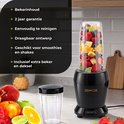 Zwarte Zenvox 1200W blender met tekst over functies zoals 2 jaar garantie en eenvoudig reinigen.