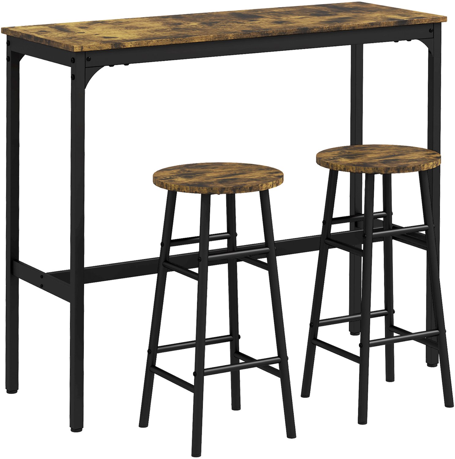 Bartafelset, metalen frame, bartafel met 2 barkrukken, industriële stijl, eenvoudig te reinigen, praktisch en decoratief, geschikt voor kleine ruimtes, eetkamer en bar, tafel 105×40×90 cm, kruk 30×30×60 cm, bruin en zwart