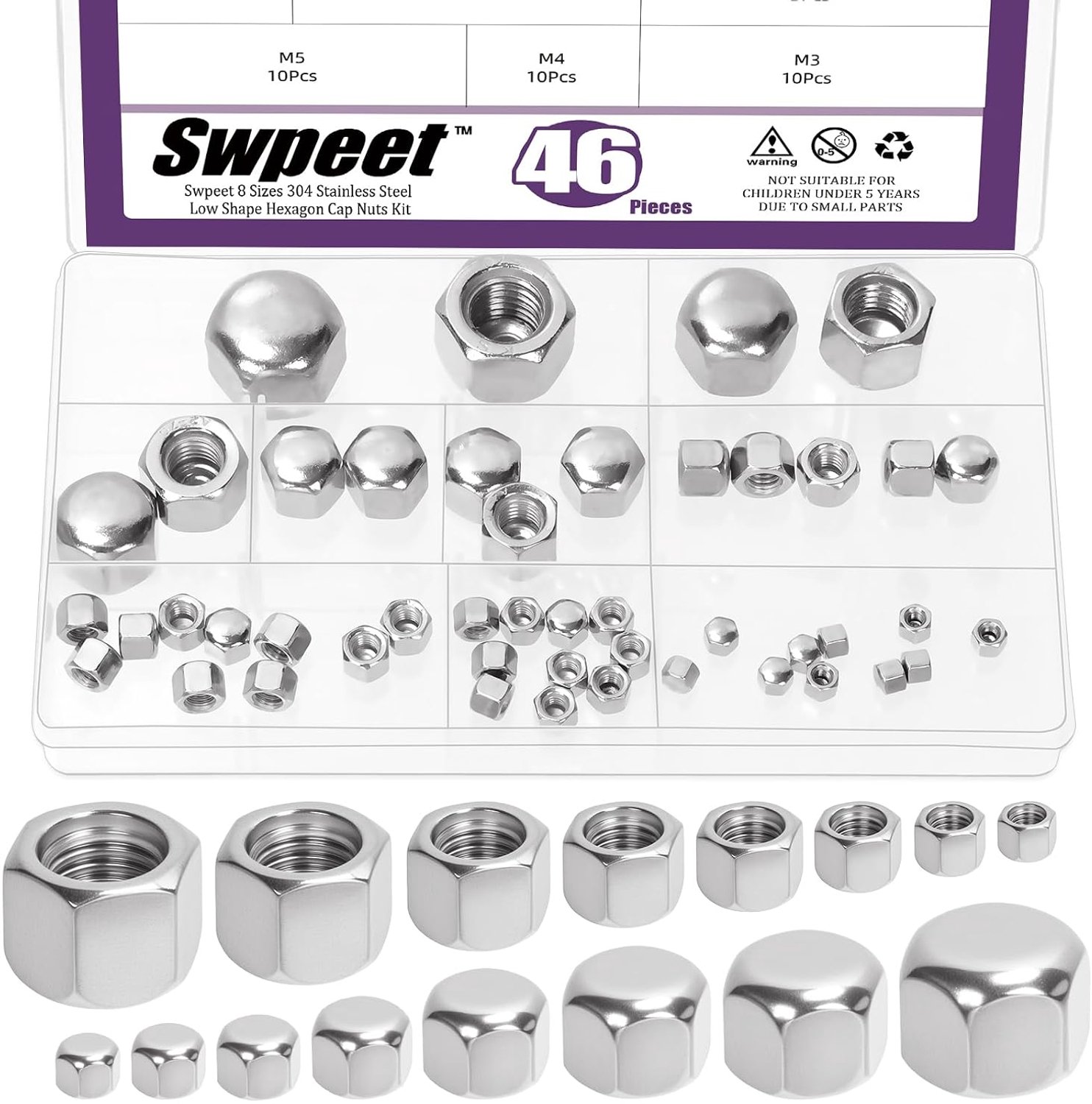 Kap eikel moer kit 46pcs - M3 M4 M5 M6 M8 M10 M12 M14 - roestvrij staal 304 - ideaal voor afwerking - ServiceTopper