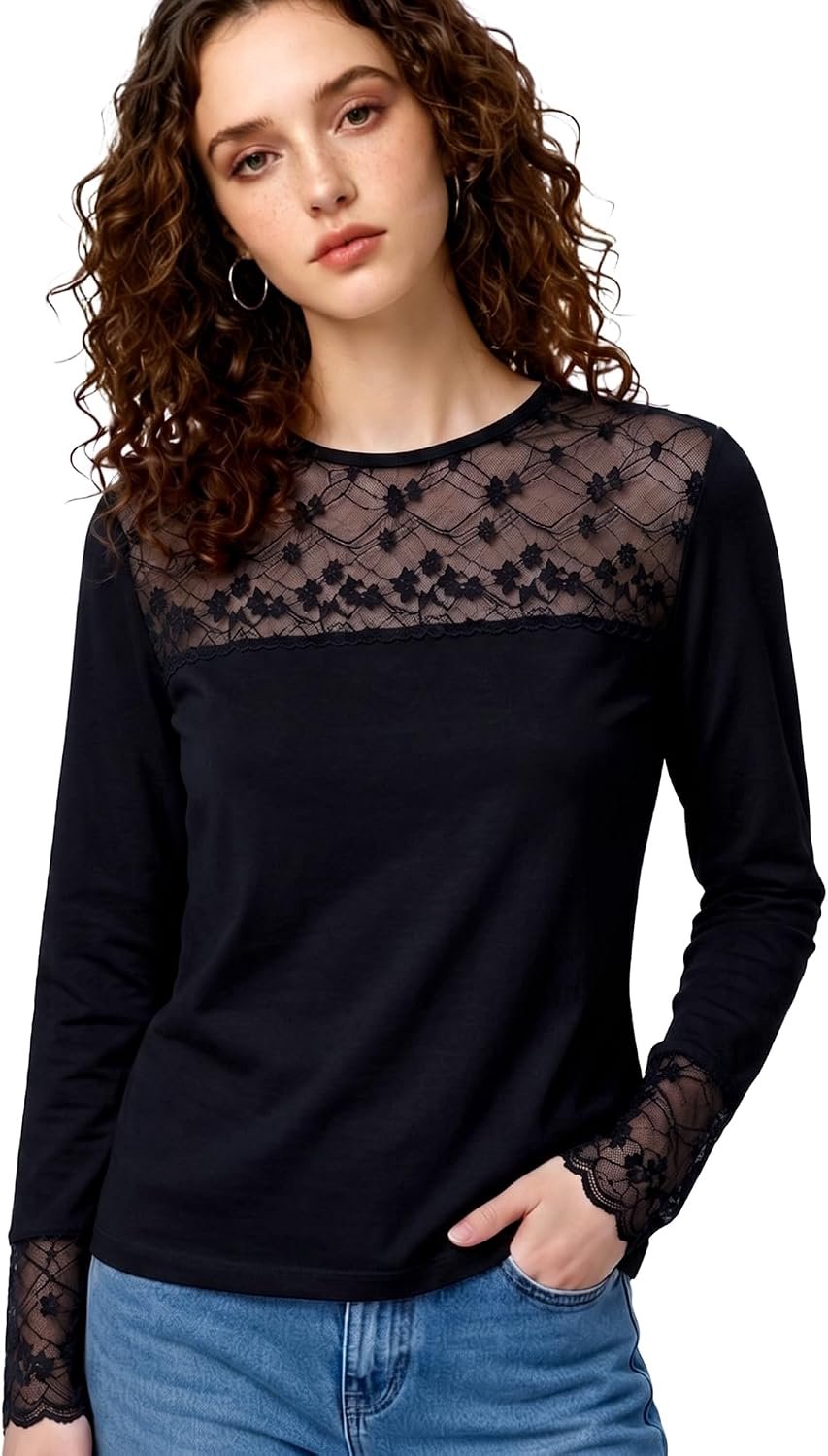 Thermoshirt met lange mouwen, fleecevoering en kant