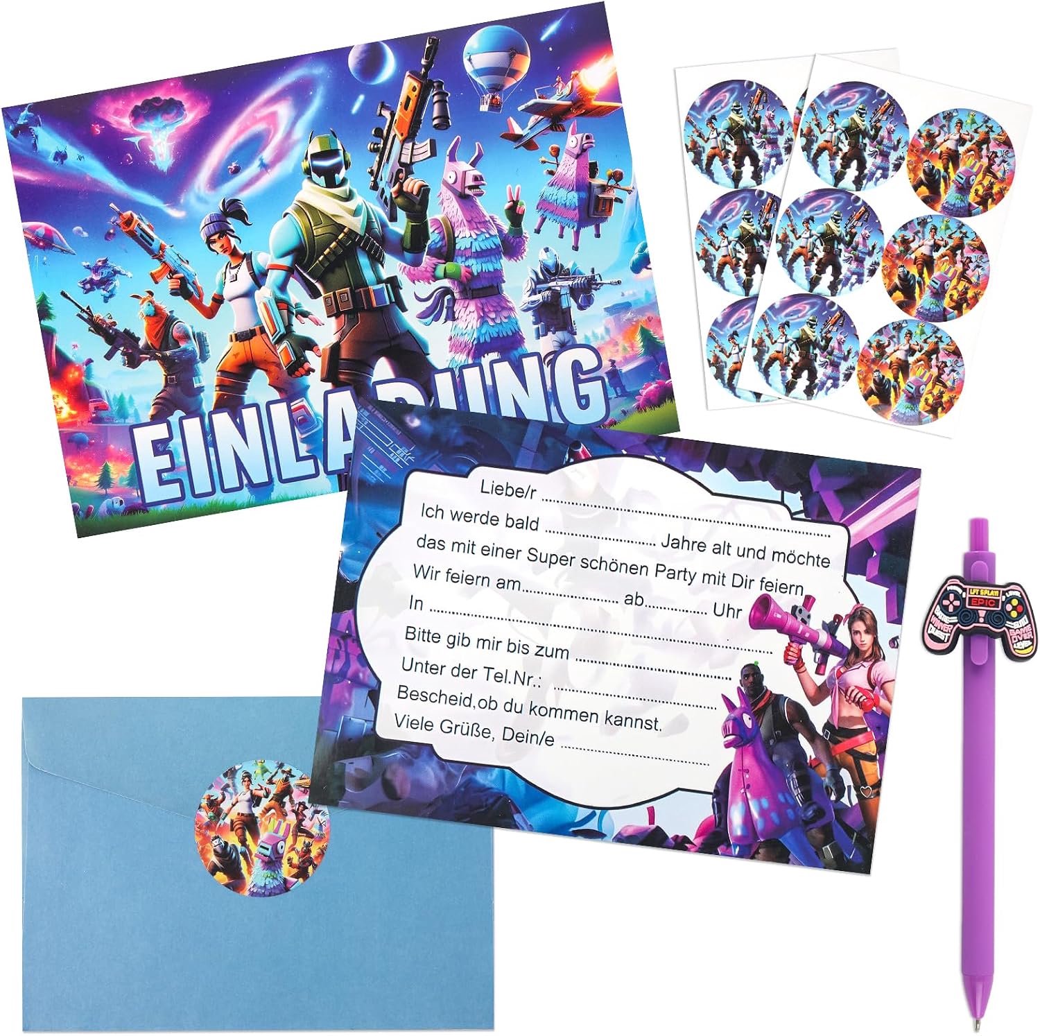 12x Uitnodiging Kaarten Kinderfeestje, Fortnite Thema