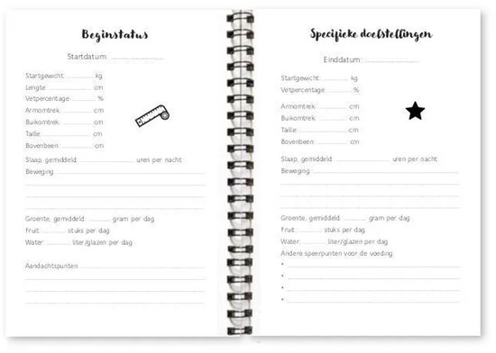Twee open pagina's met velden voor 'Beginstatus' en 'Specifieke doelstellingen' voor lichaamsmetingen en voeding.