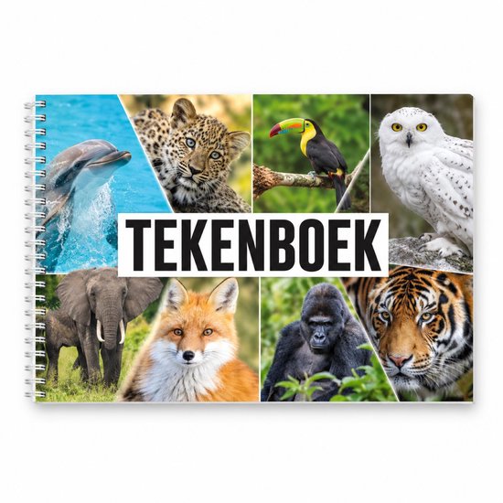 Tekenboek met spiraalbinding en een collage van diverse dieren zoals een dolfijn, luipaard en tijger.