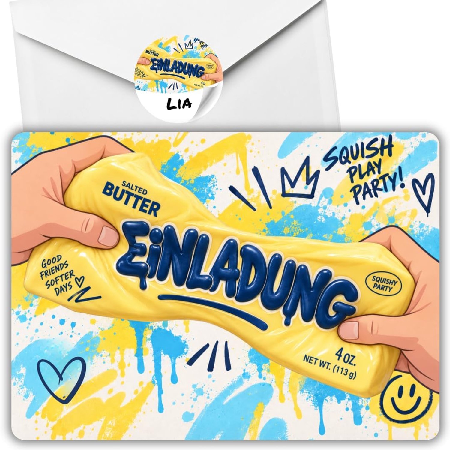 12x Squishy Butter Uitnodigingskaarten voor kinderfeestjes - 12 enveloppen + 12 stickers