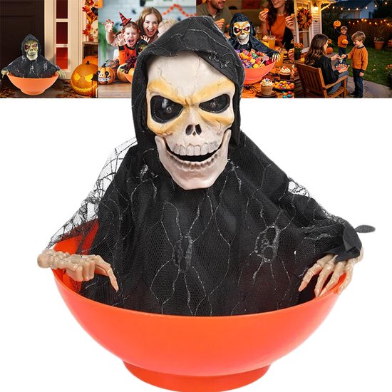Geanimeerde schedel in een oranje snoepschaal, getoond in diverse Halloween-omgevingen.