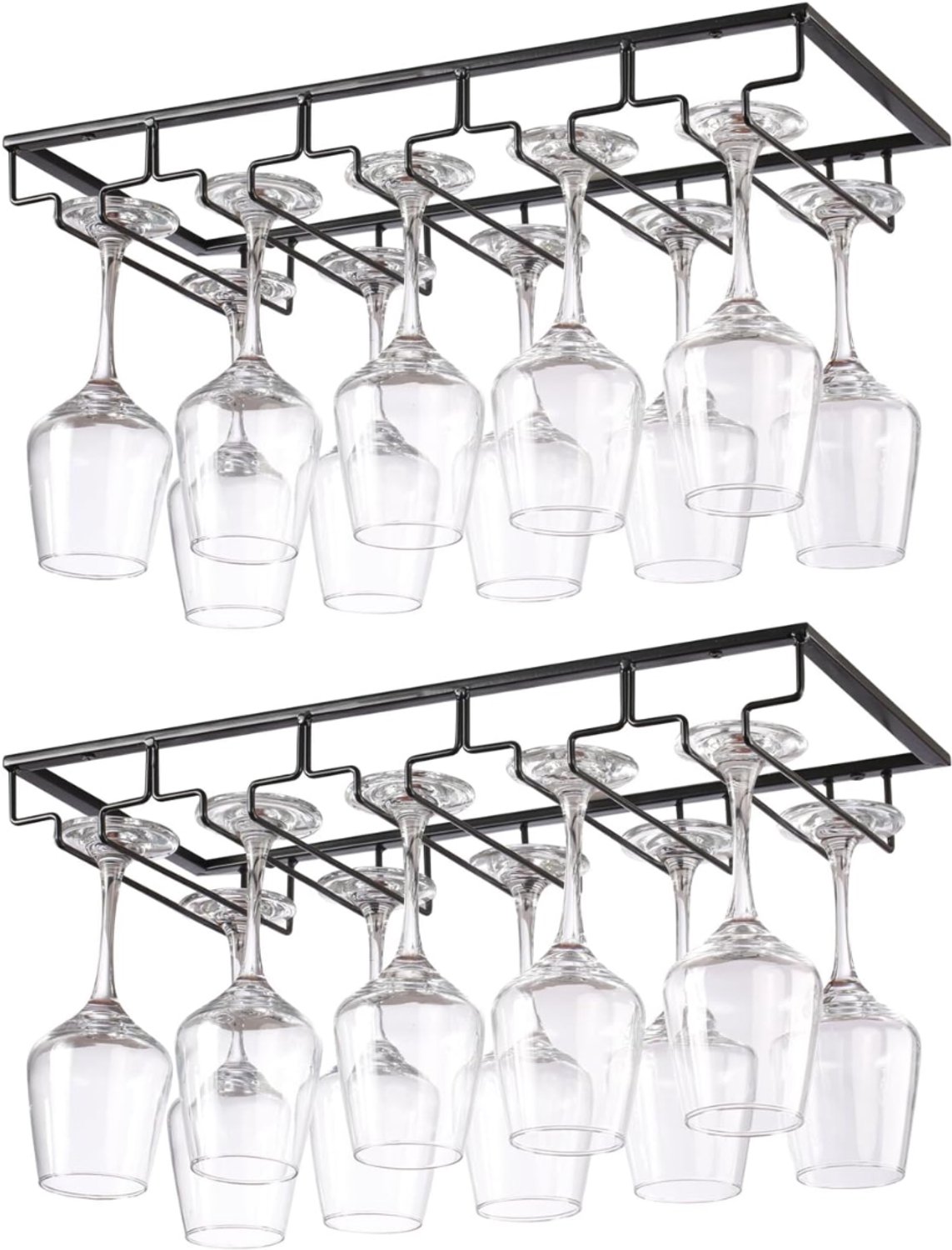 Levo® Ophangrek Wijnglazen - Wijnglazenhouder – Set van 2 - Metalen Wijnglazenrek - Glazenrek Met 5 Rijen - Wijnglashouder – Organizer - Stijlvol – Bar, Keuken & Cafe - Hangend – Zwart - 22cm x 40cm x 6cm; 0.25 kg