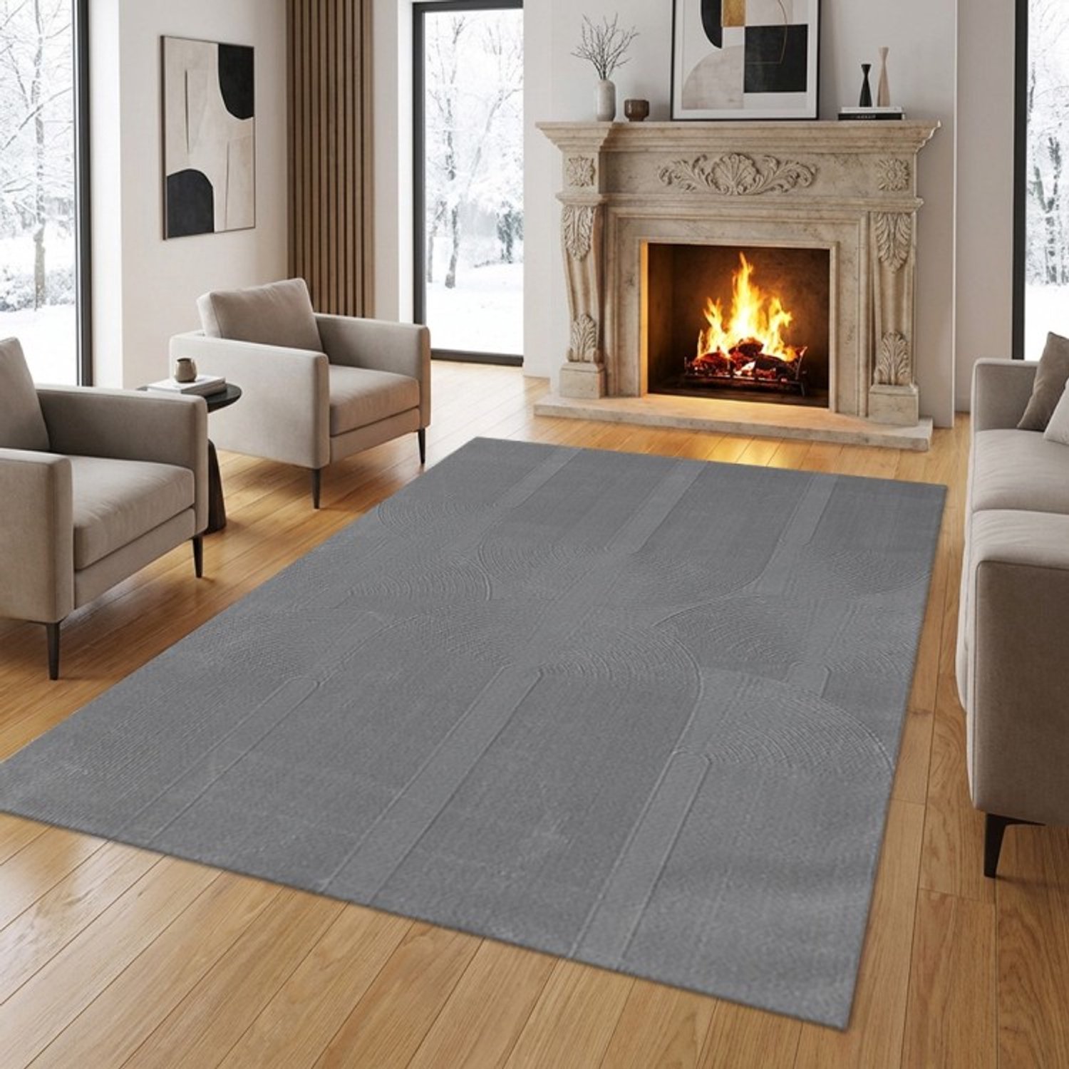 TapisTrend Designer tapijt Grijs 160x230 cm Modern vloerkleed met verhoogde geometrische bogen en concentrische lijnen voor woonkamer en slaapkamer
