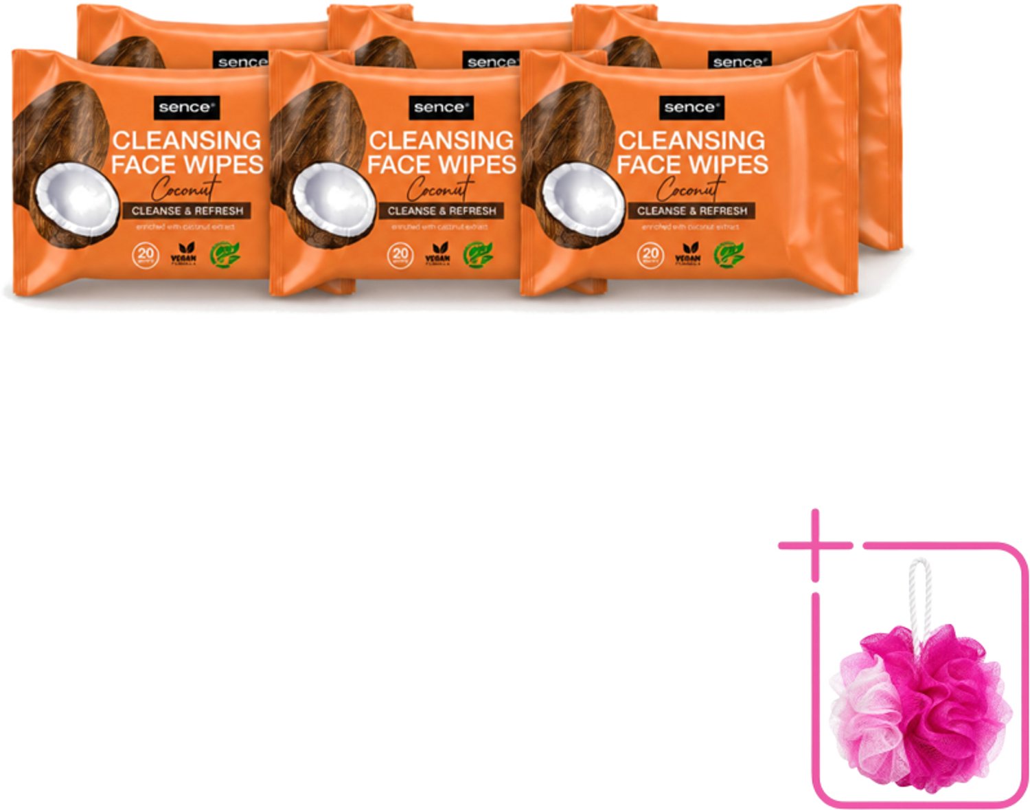 6 x Sence - Coconut - Gezichtsreinigingsdoekjes - Verzorgend - 20 Doekjes - Bulkverpakking - Gezichtsreinigingsdoekjes - Douchemop - Kokos