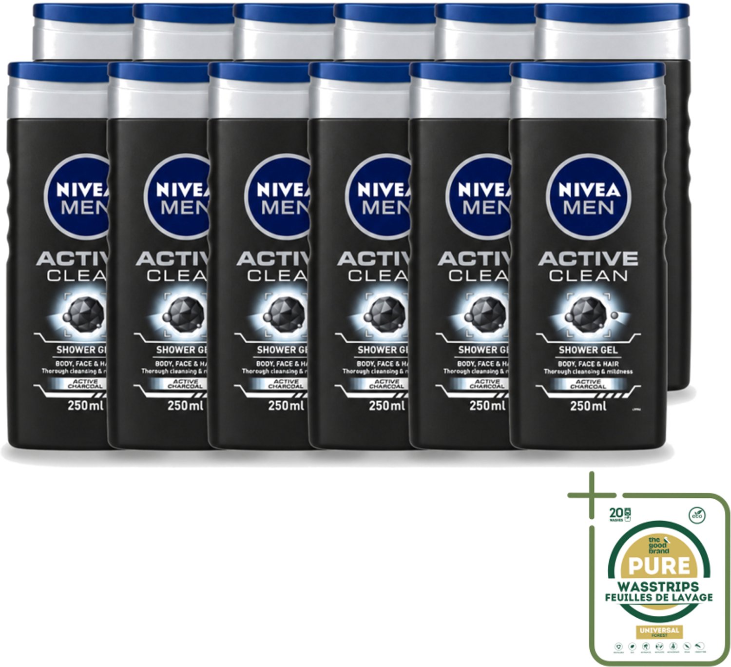 12 x Nivea Men – Douchegel – Active Clean – 250 ml - Wasstrips - Douchegel Mannen - Actieve Houtskool - Reiniging Huid - Vuil Verwijderen - Talg Verwijderen