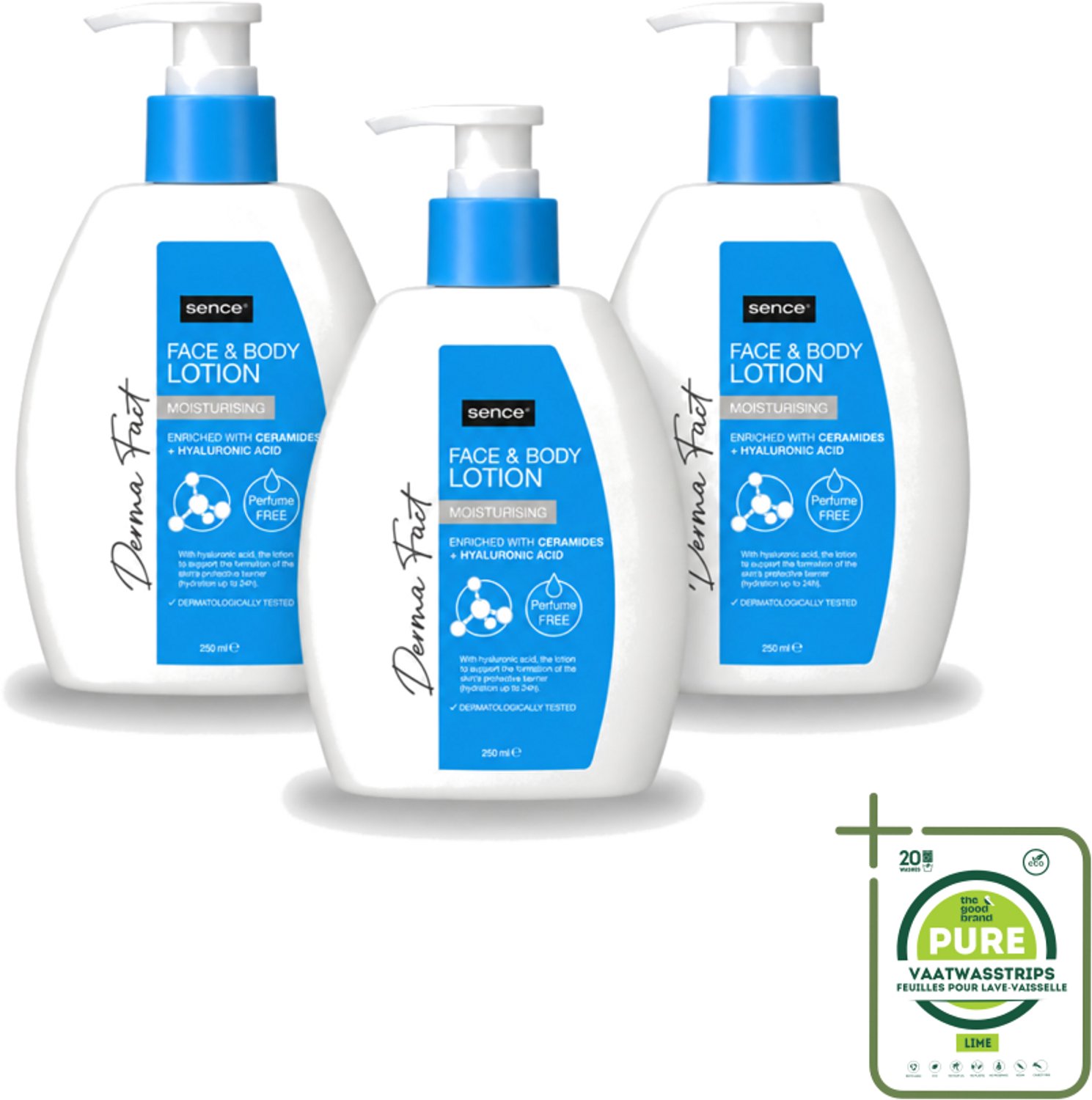 3 x Sence – Lotion – Face & Body – 250 ml - Grootverpakking - Vaatwasstrips - Hydraatatie - Huidbarrière - Ceramiden - Hyaluronzuur - Gezicht En Lichaam