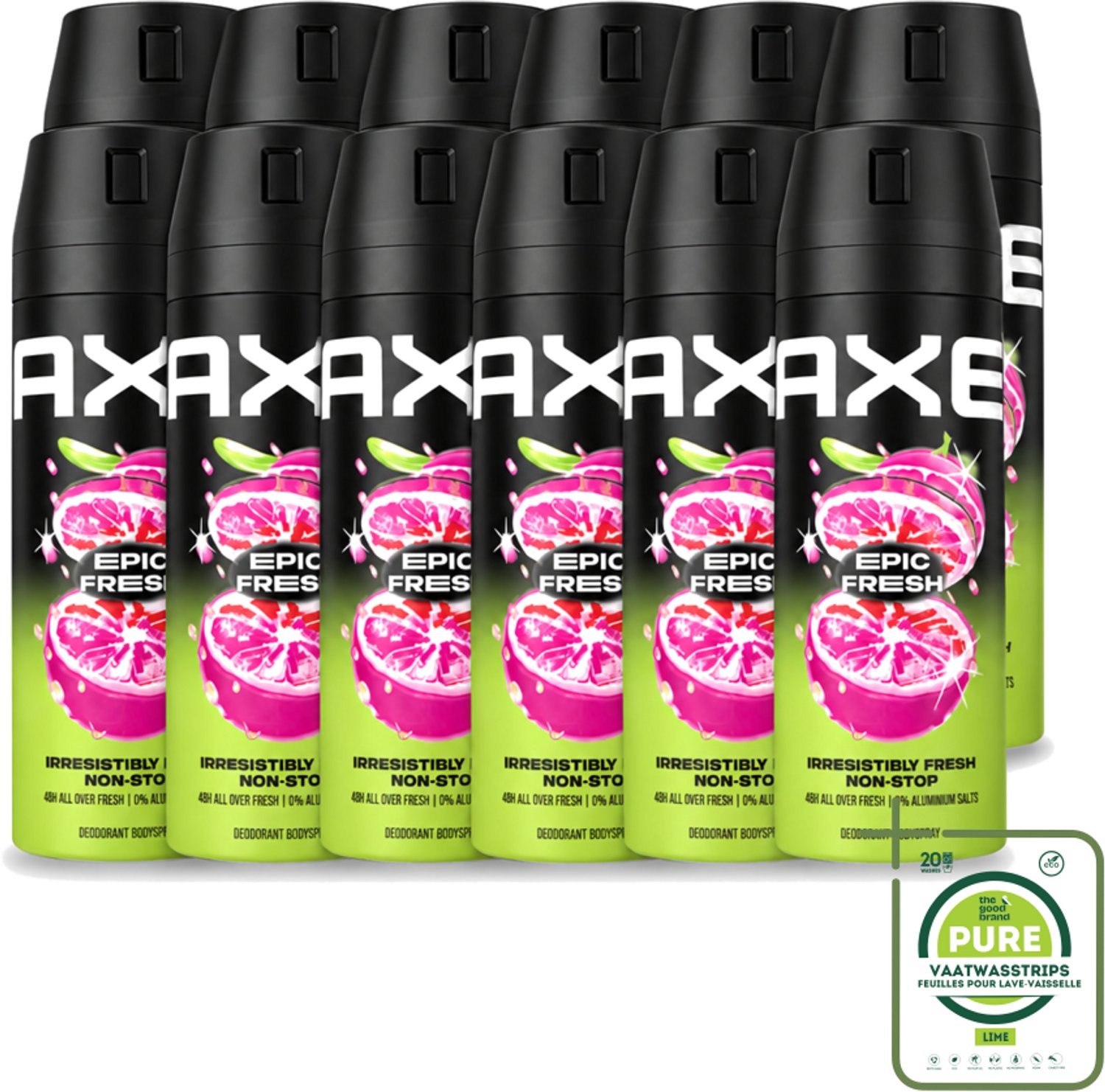 12 x Axe – Deodorant Spray – Epic Fresh – 150 ml - Grootverpakking - Vaatwasstrips - Deodorant Spray - Zweetgeur Bestrijding - Frisheid - Energie - Mannelijke Geur