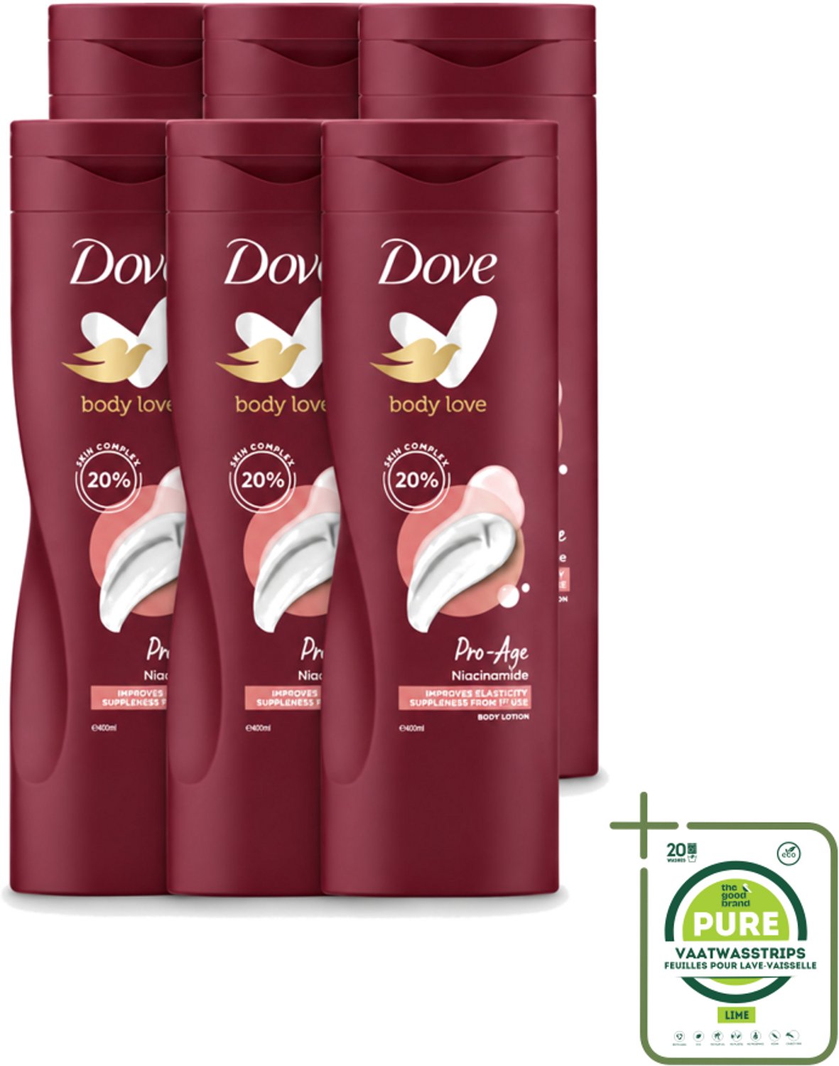 6 x Dove – Bodylotion – Body Love Pro Age – 400 ml - Grootverpakking - Vaatwasstrips - Hydratatie Huid - Bodylotion Voor Rijpere Huid - AHA Complex - Niacinamide - Huidverzorging