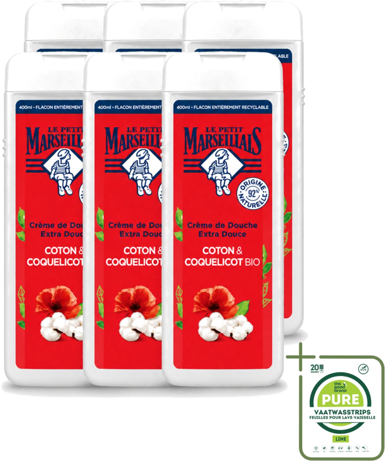 6 x Le Petit Marseillais – Douchegel – Bio Katoenmelk & Papaver – 400 ml - Grootverpakking - Vaatwasstrips - Douchegel Bio - Katoenmelk - Papaver - Huid Verzorging - Milde Reiniging