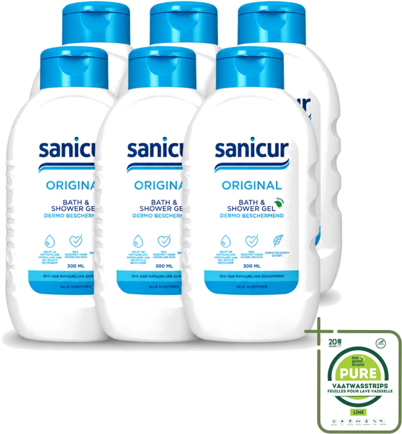 6 x Sanicur – Bad & Douchegel – Original – 300 ml - Grootverpakking - Vaatwasstrips - Bad En Douchegel - Milde Reiniging - Huidverzorging - Hydraterende Gel - Gevoelige Huid
