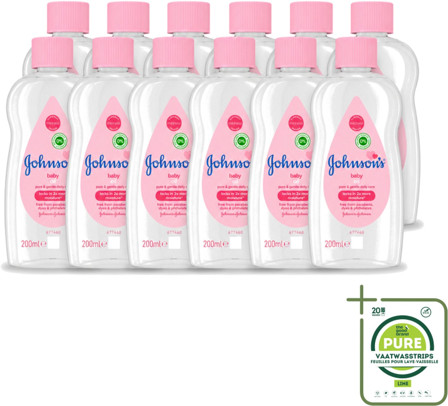 12 x Johnson's - Baby Olie - Puur & Zacht - 200 ml - Grootverpakking - Vaatwasstrips - Babyolie - Babyhuid Verzorging - Hydrateren - Zachte Huid - Baden