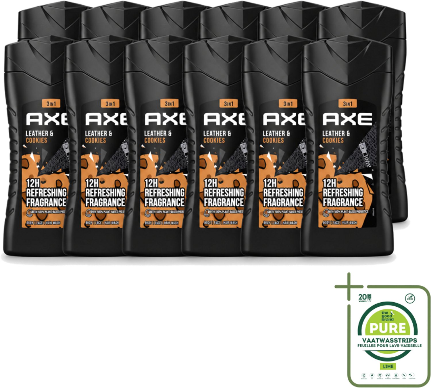 12 x Axe - 3-in-1 Douchegel - Leather & Cookies - 100% Plantaardig - 250 ml - Grootverpakking - Vaatwasstrips - Douchegel - Geur - Lichaam - Gezicht - Haar