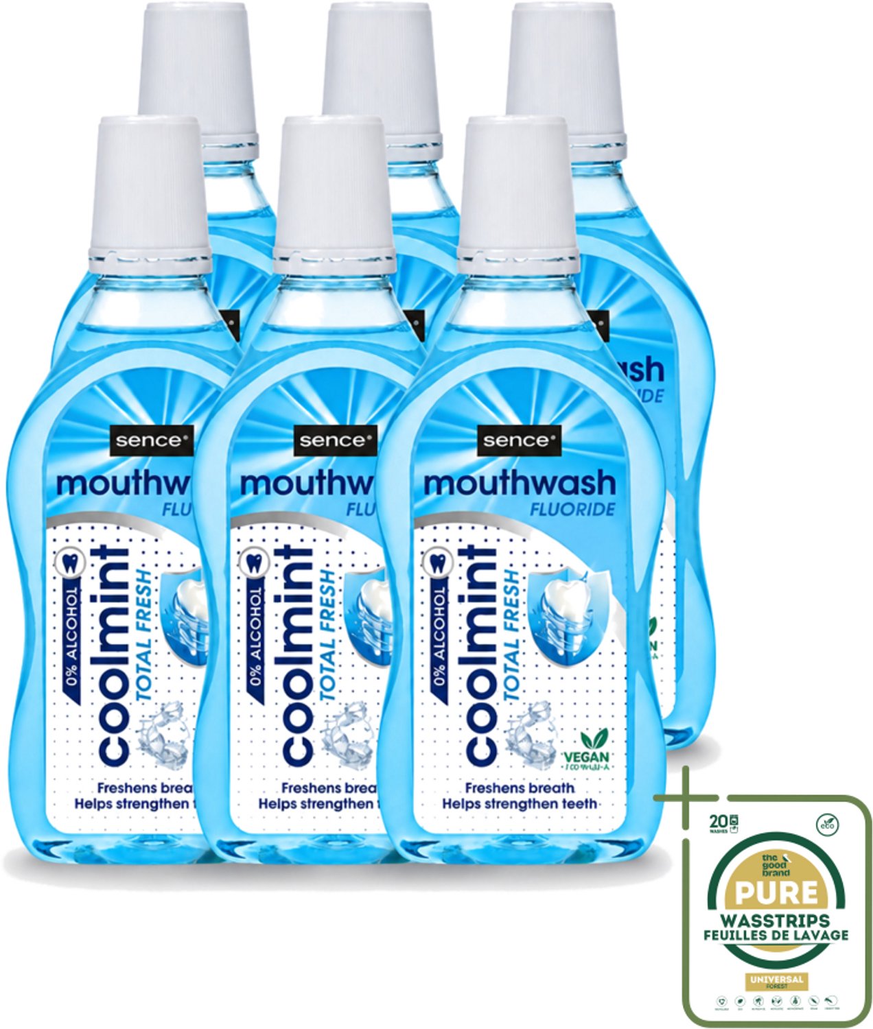 6 x Sence - Fresh Coolmint - Mondwater - Verfrissend - 500 ml - Wasstrips - Mondwater - Frisse Adem - Koele Mint - Fluoride - Gaatjes Voorkomen