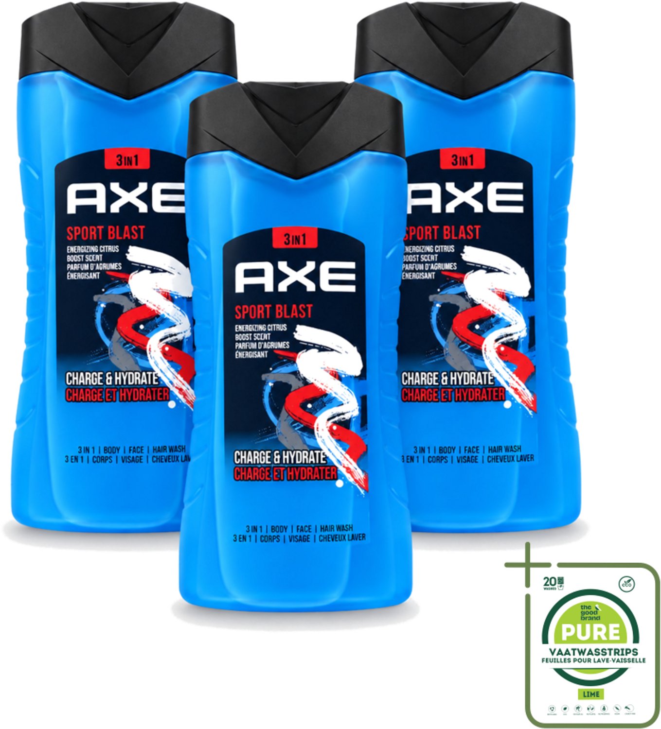 3 x Axe - 3-in-1 Douchegel - Sport Blast - Energizing Citrus - Hydraterend - 250 ml - Grootverpakking - Vaatwasstrips - Douchegel Sport - Hydraterende Douchegel - Frisse Geur Douchegel - Douchegel Na Training - Sport Douchegel