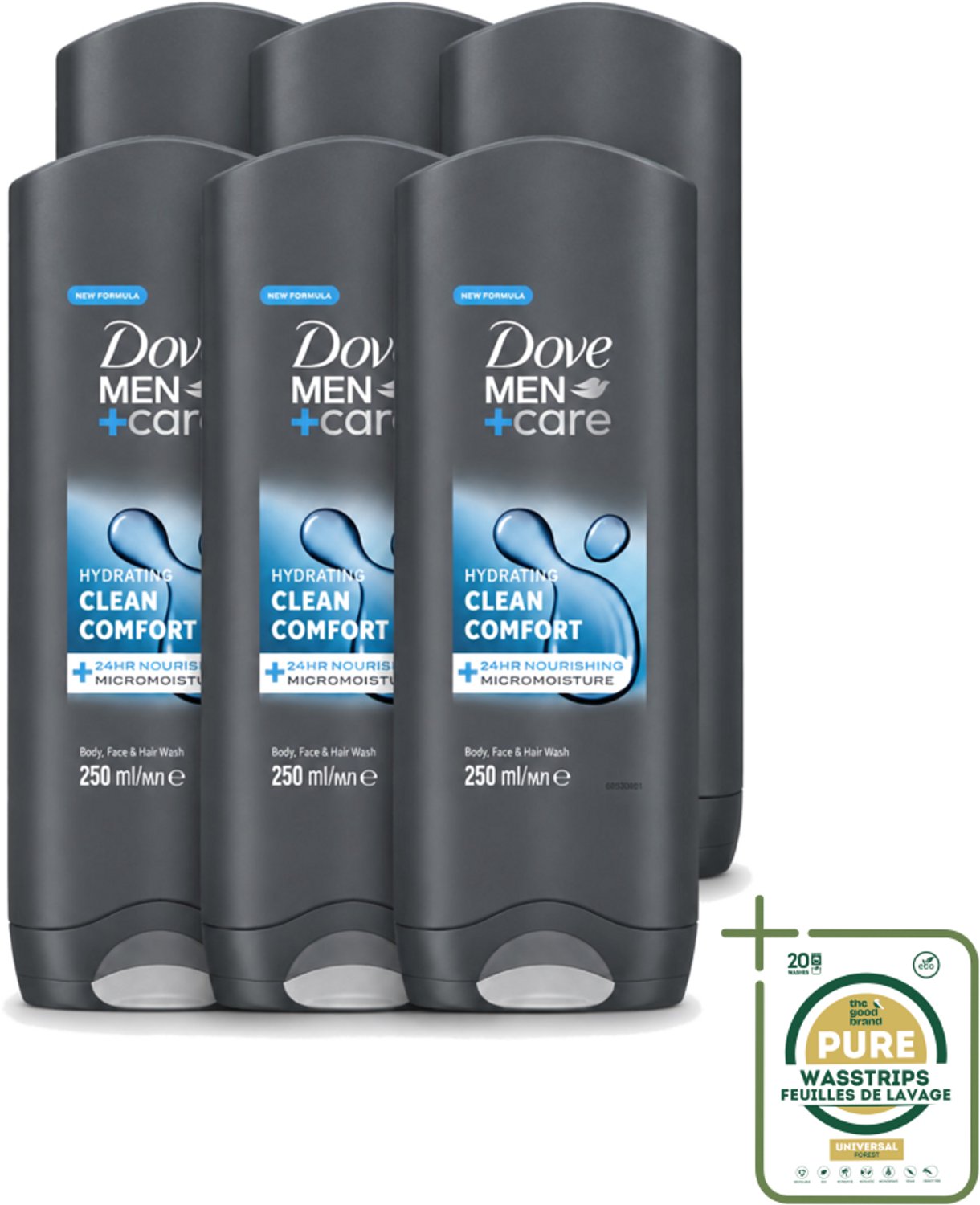 6 x Dove - Douchegel - Men+ Care Clean Comfort - Comfort en verzorging - 250 ml - Wasstrips - Douchegel - Fris - Energie - Reiniging - Hydraterend