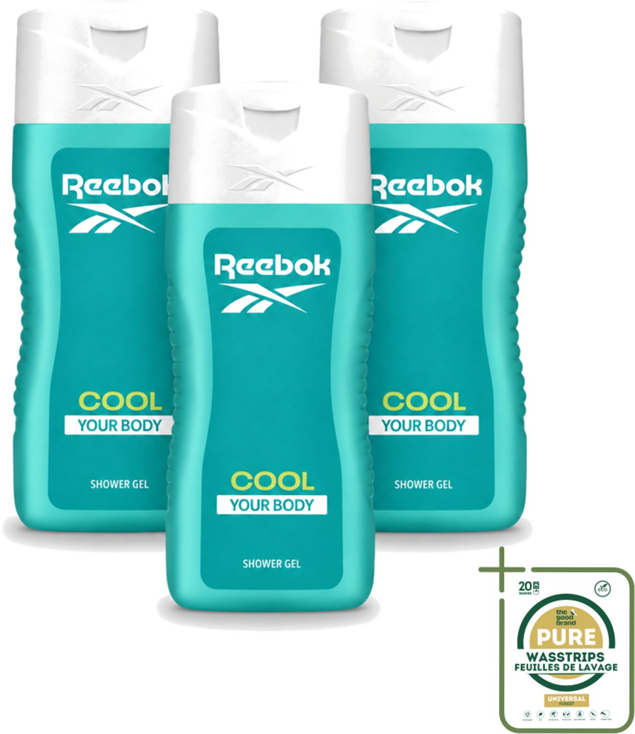 3 x Reebok - Cool Your Body - Douchegel - 400 ml - Wasstrips - Douchegel - Menthol - Aloe Vera - Verkoelende Douchegel - Frisse Geur
