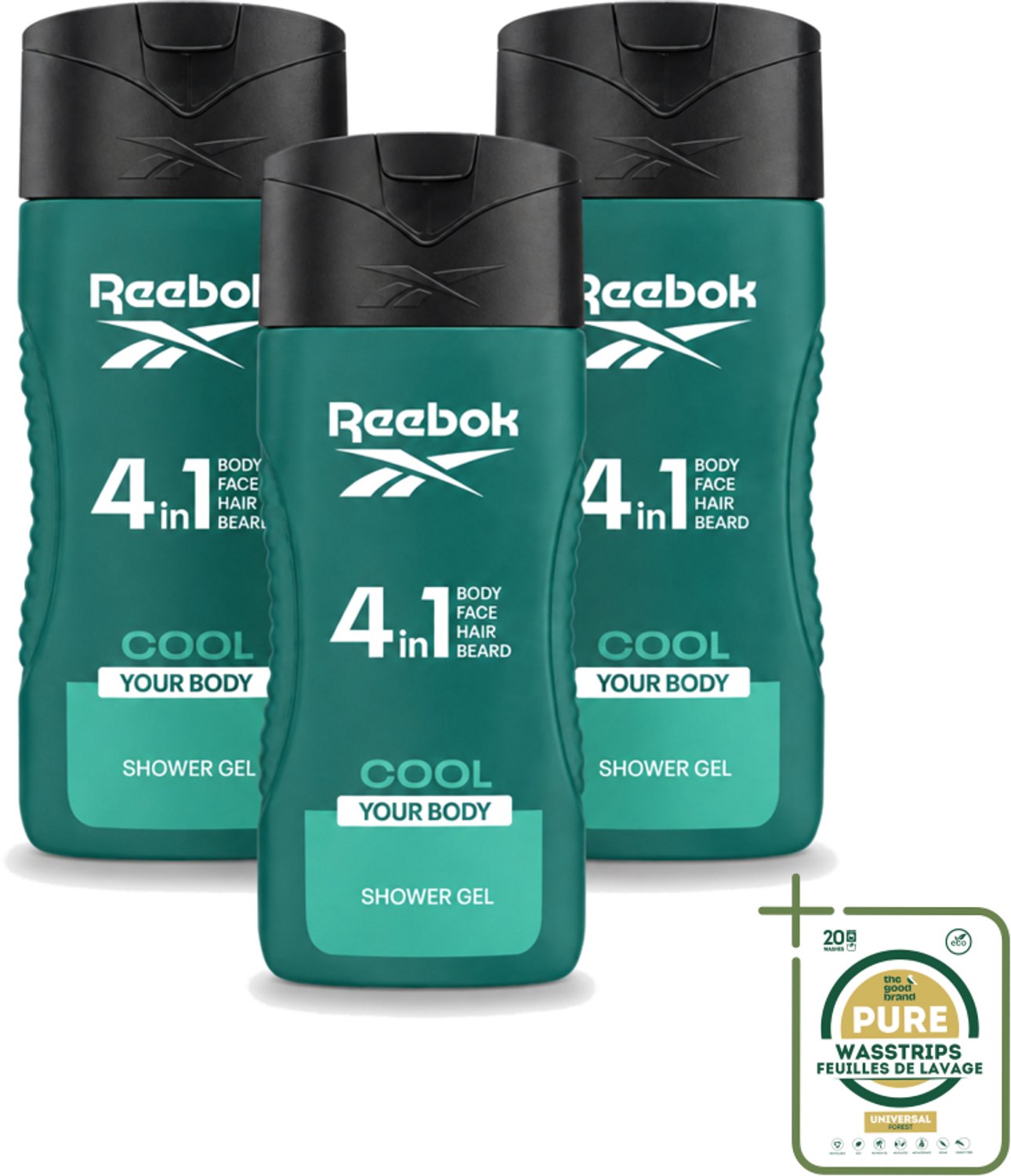 3 x Reebok - Cool Your Body - Douchegel - 4 in 1 - 400 ml - Wasstrips - Douchegel 4 In 1 - Verkoelend Douchegel - Menthol Douchegel - Aloe Vera Douchegel - Gezichtsverzorging