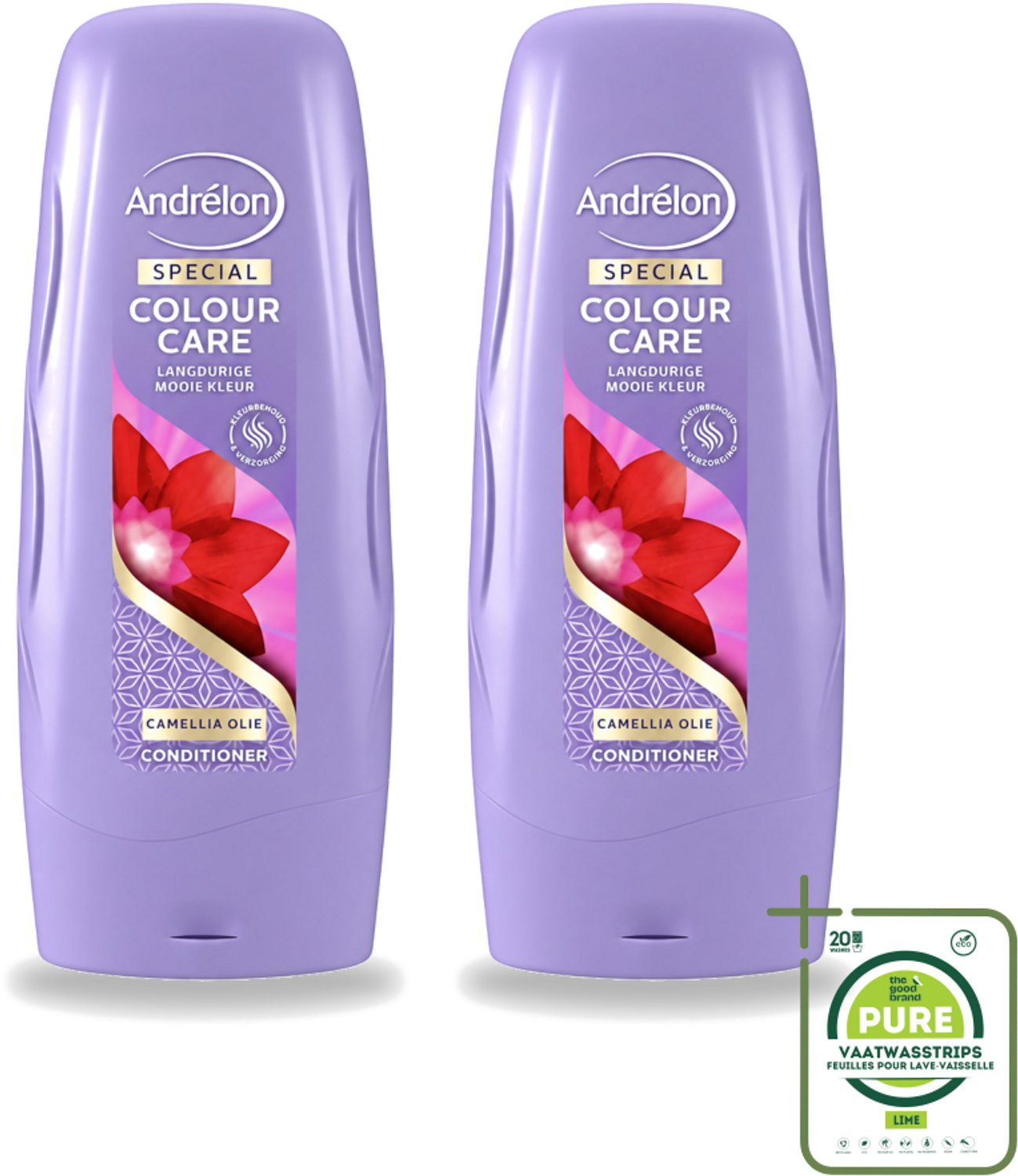2 x Andrélon - Colour Care - Camellia Olie - Conditioner - Kleurbehoud - 300 ml - Grootverpakking - Vaatwasstrips - Kleurbehoud - Haarkleur - Haarverzorging - Camellia-olie - Sulfaatvrije Conditioner