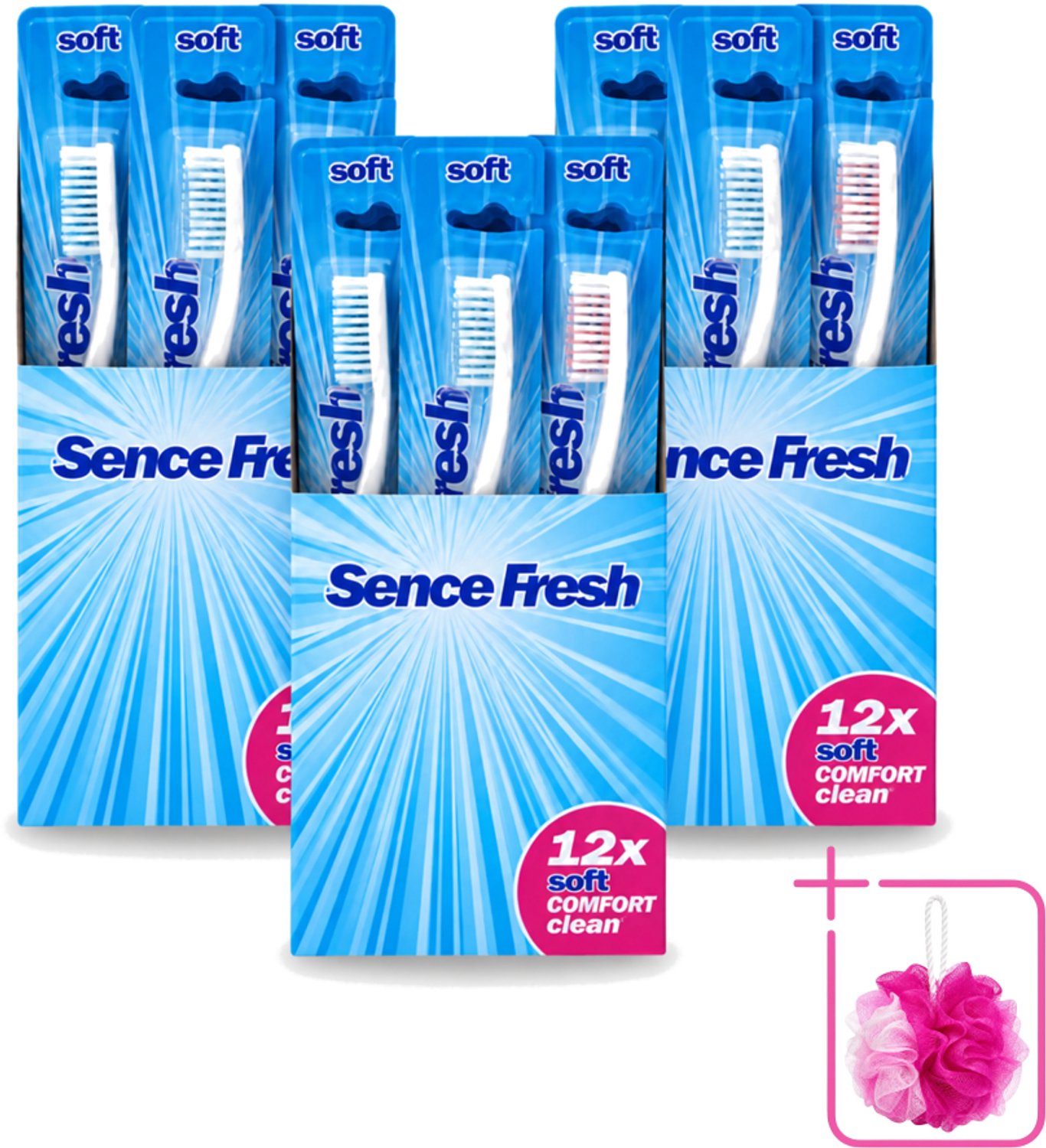 3 x Sence - Tandenborstels - Fresh Soft Comfort Clean - 12 Tandenborstels - Bulkverpakking - Tandenborstel - Douchemop - Zachte tandenborstel