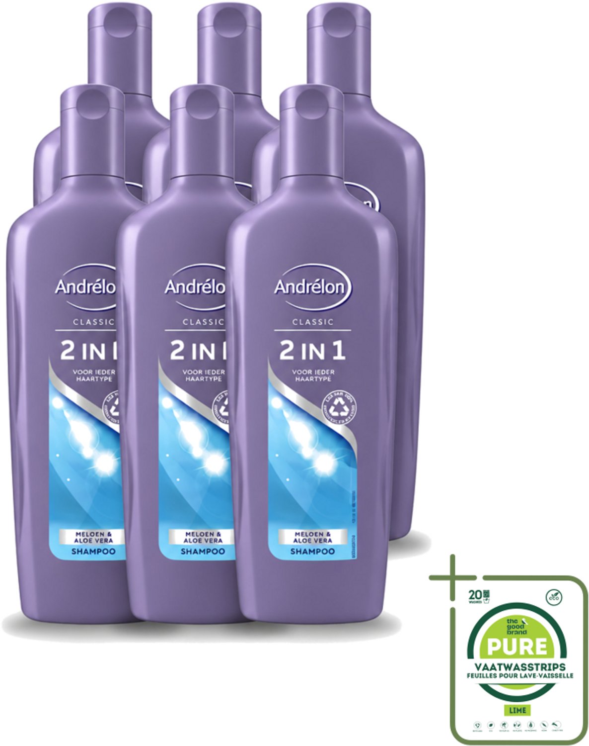 6 x Andrélon - 2-in-1 - Shampoo - Voor Snel & Effectief Wassen - 300 ml - Grootverpakking - Vaatwasstrips - 2-in-1 Shampoo En Conditioner - Snel Wassen - Haar Verzorgen - Meloen En Aloë Vera - Hydraat