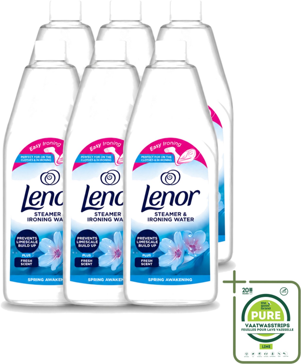 6 x Lenor - Strijkwater - Spring Awakening - Textielverfrisser - 1000 ml - Grootverpakking - Vaatwasstrips - Strijkwater - Textielverfrisser - Wasgoed Fris - Bloemige Geur - Kleding Verzorgen