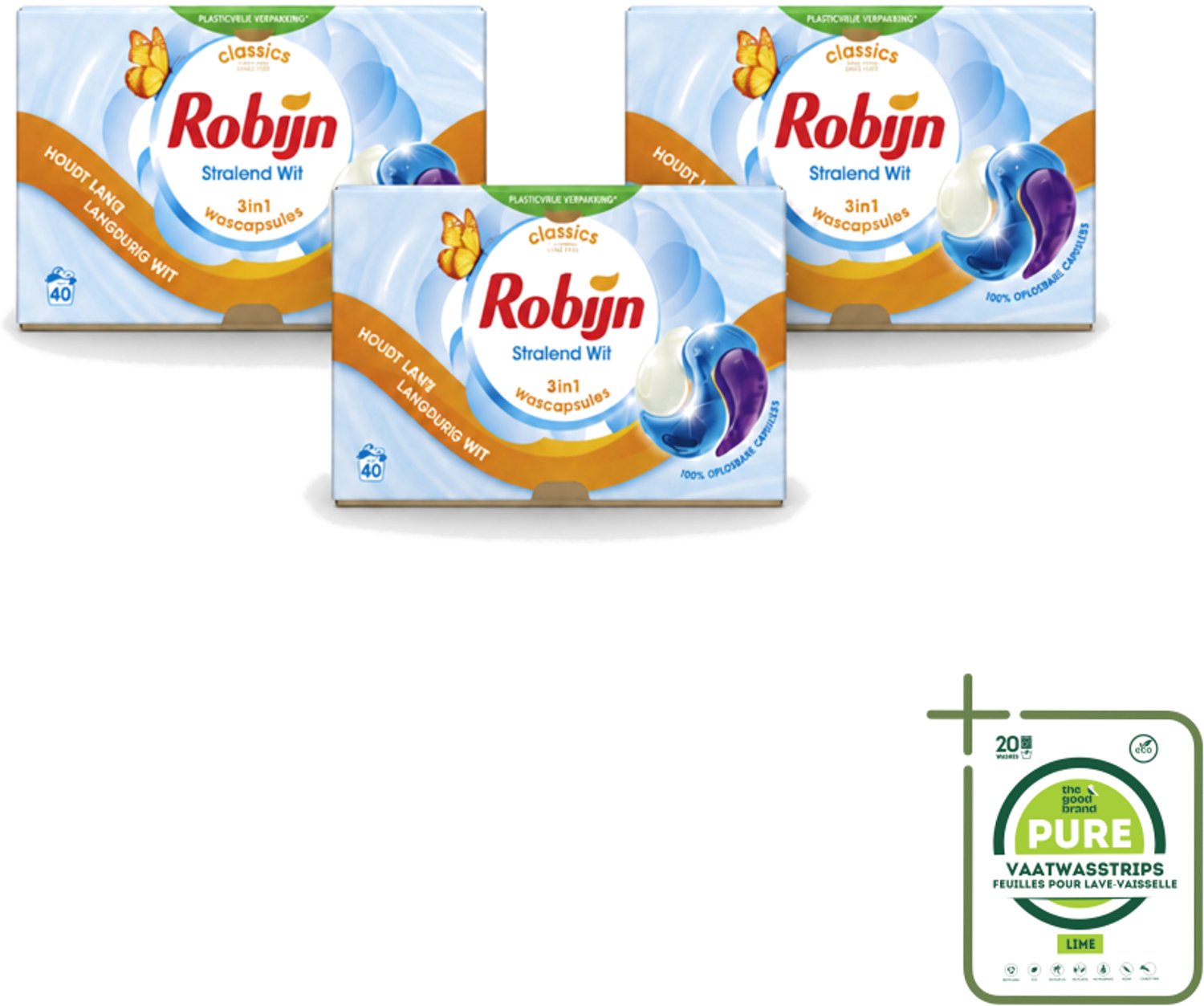 3 x Robijn - Stralend Wit - 3-in-1 Wascapsules - Houdt Langdurig Wit - 40 Wascapsules - Grootverpakking - Vaatwasstrips - Wit Was - Wascapsules - Wasverzorging - Wasgeur - Wasroutine