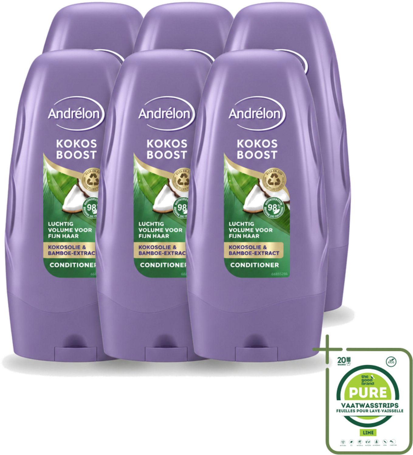 6 x Andrélon - Kokos Boost - Conditioner - Intensieve Voeding - 250 ml - Grootverpakking - Vaatwasstrips - Conditioner Voor Fijn Haar - Kokosolie Conditioner - Volume Voor Haar - Voeding Voor Haar - Bamboe-extract Conditioner