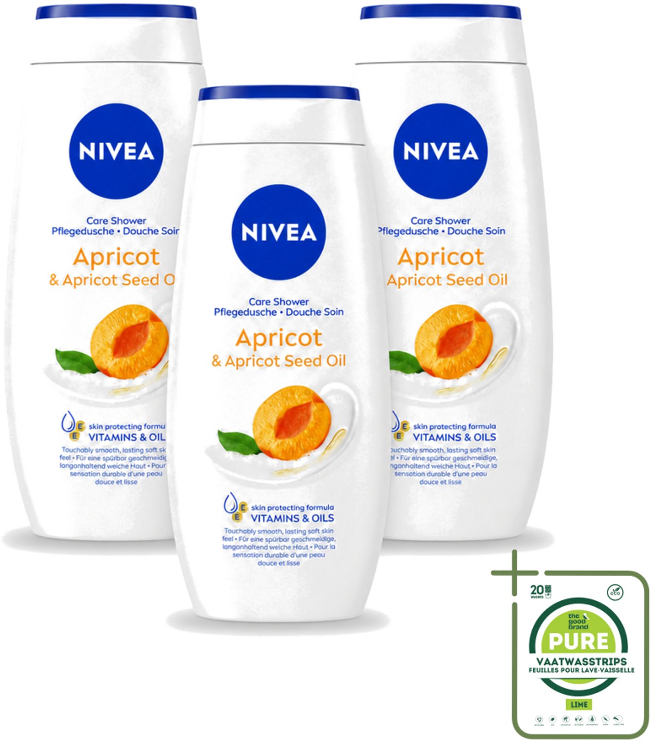 3 x Nivea - Douchegel - Soft Apricot - Huidbeschermend - 250 ml - Grootverpakking - Vaatwasstrips - Douchegel - Huidbeschermend - Abrikozenpitolie - Druivenpitolie - Vitamine C