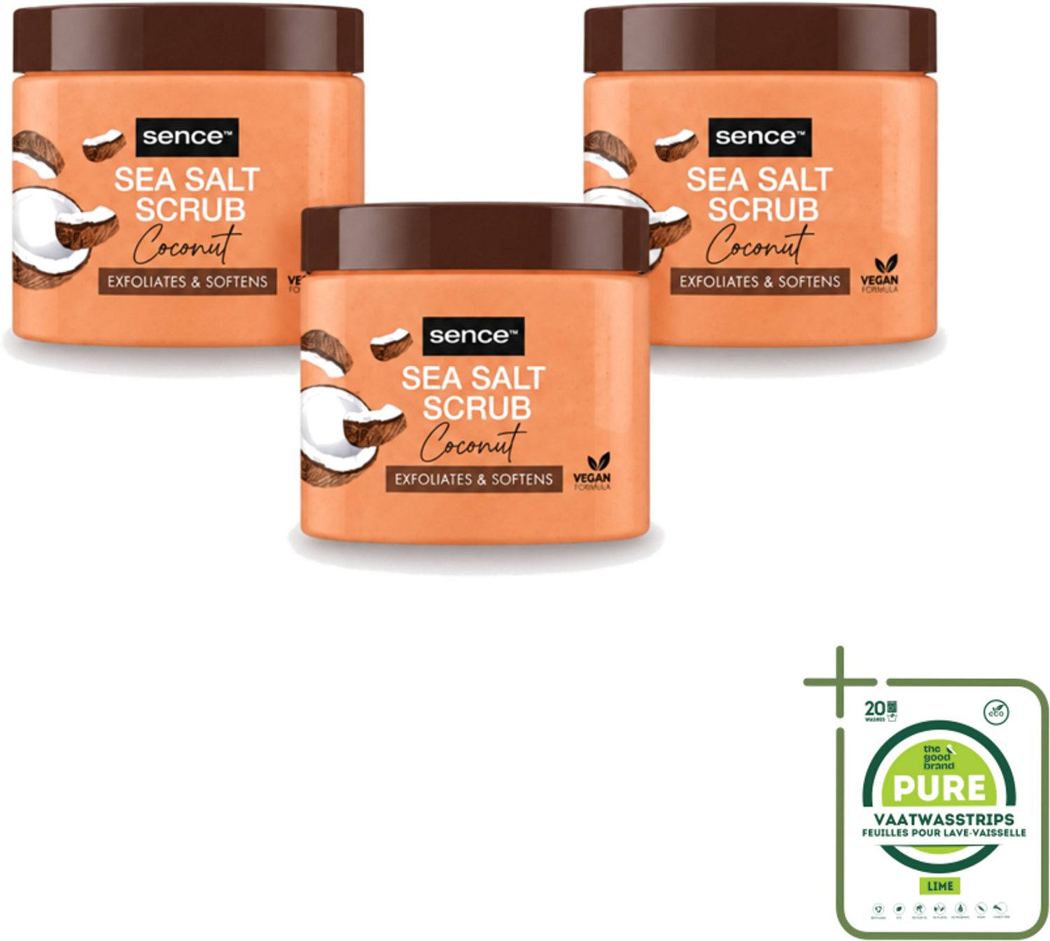 3 x Sence - Coconut - Bodyscrub - Verzorgend - 500 g - Grootverpakking - Vaatwasstrips - Bodyscrub Kokos - Huid Verzorging - Exfolieer Huid - Huid Reinigen - Kokos Geur
