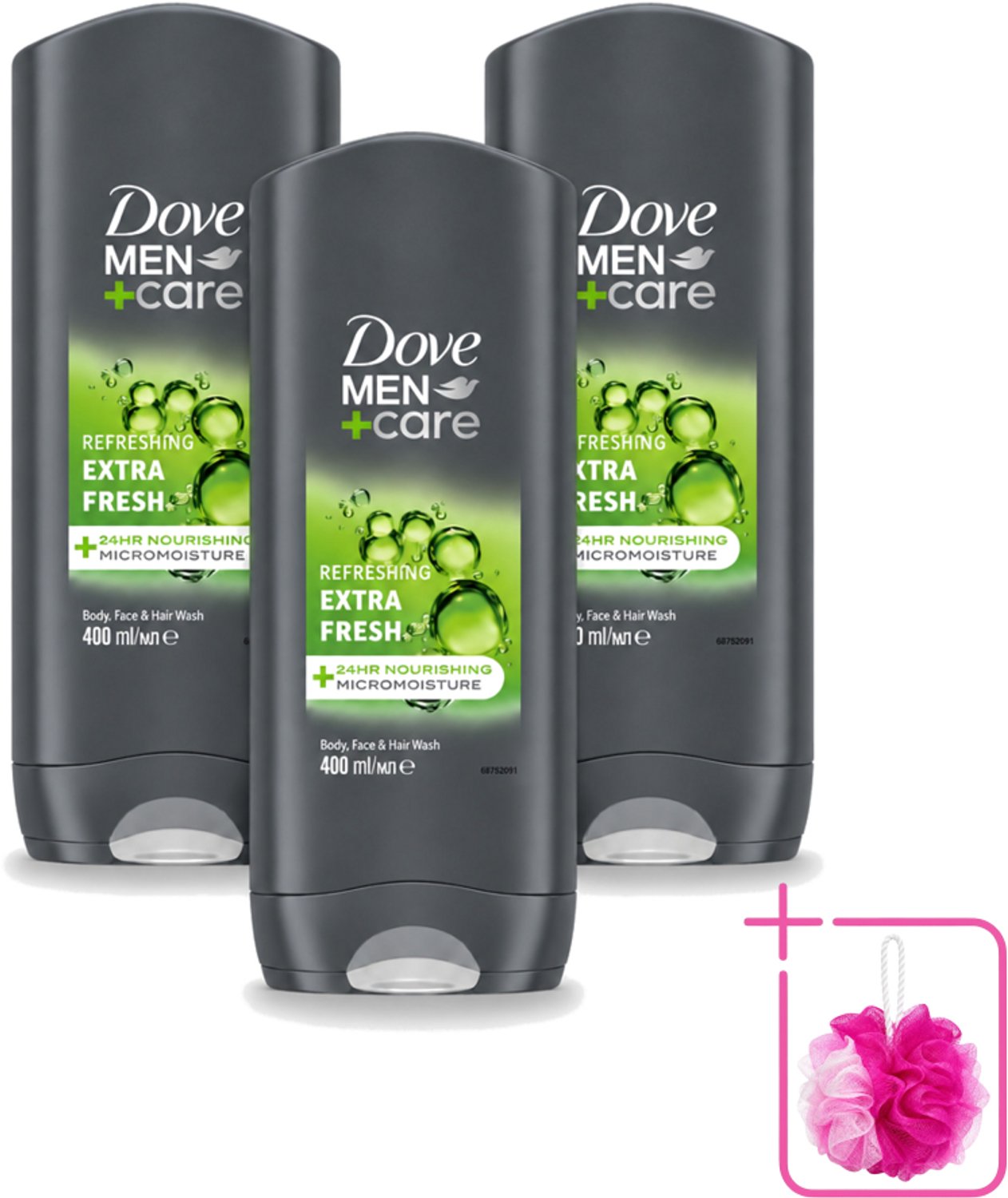 3 x Dove - Douchegel - Men+ Care Extra Fresh - Verfrissend - 400 ml - Bulkverpakking - Douchegel - Douchemop - Mannelijke geur