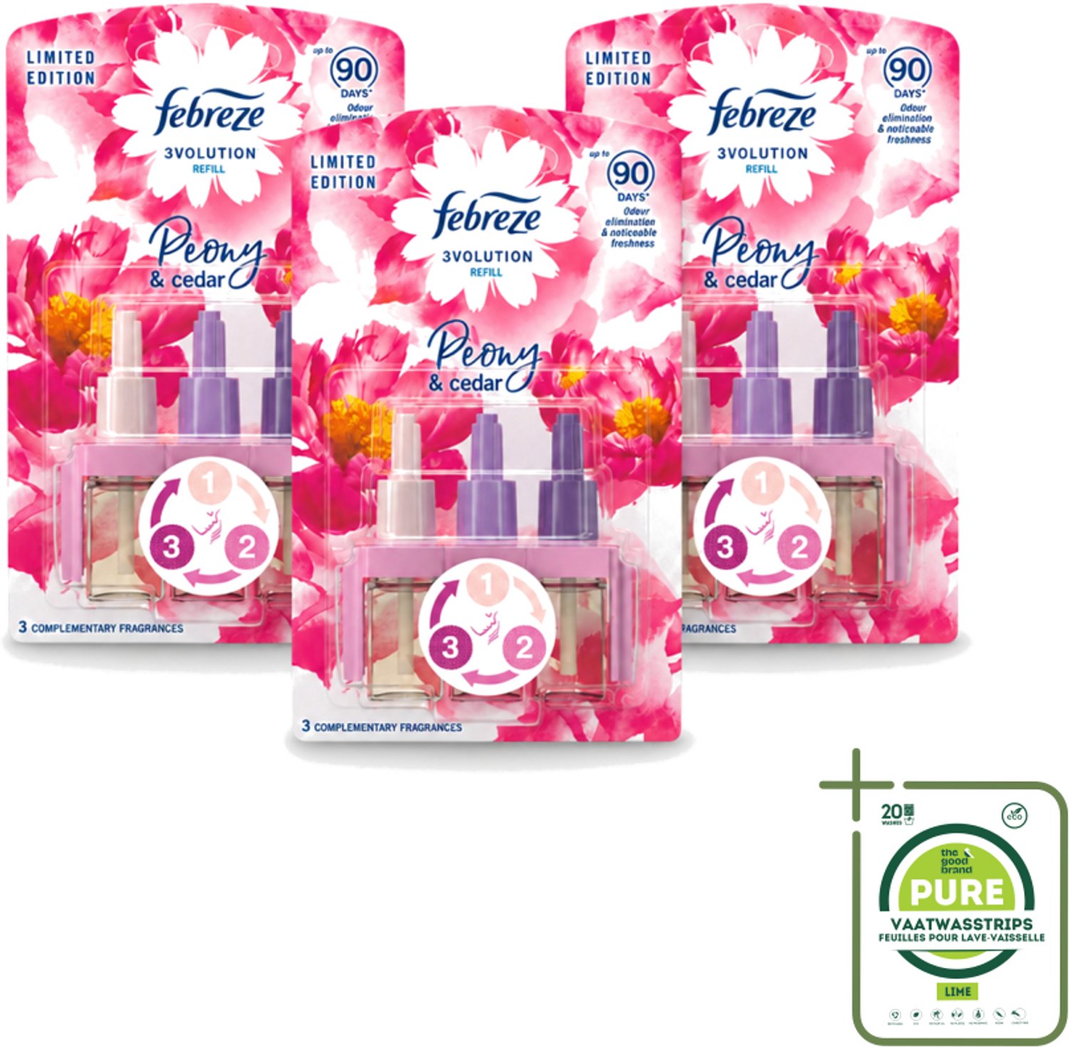 3 x Ambi Pur – Luchtverfrisser – 3Volution Peony & Cedar – Langdurig - Grootverpakking - Vaatwasstrips - Luchtverfrisser - Elektrische Luchtverfrisser - Geurrotatie - Geurverwijdering - Frisheid