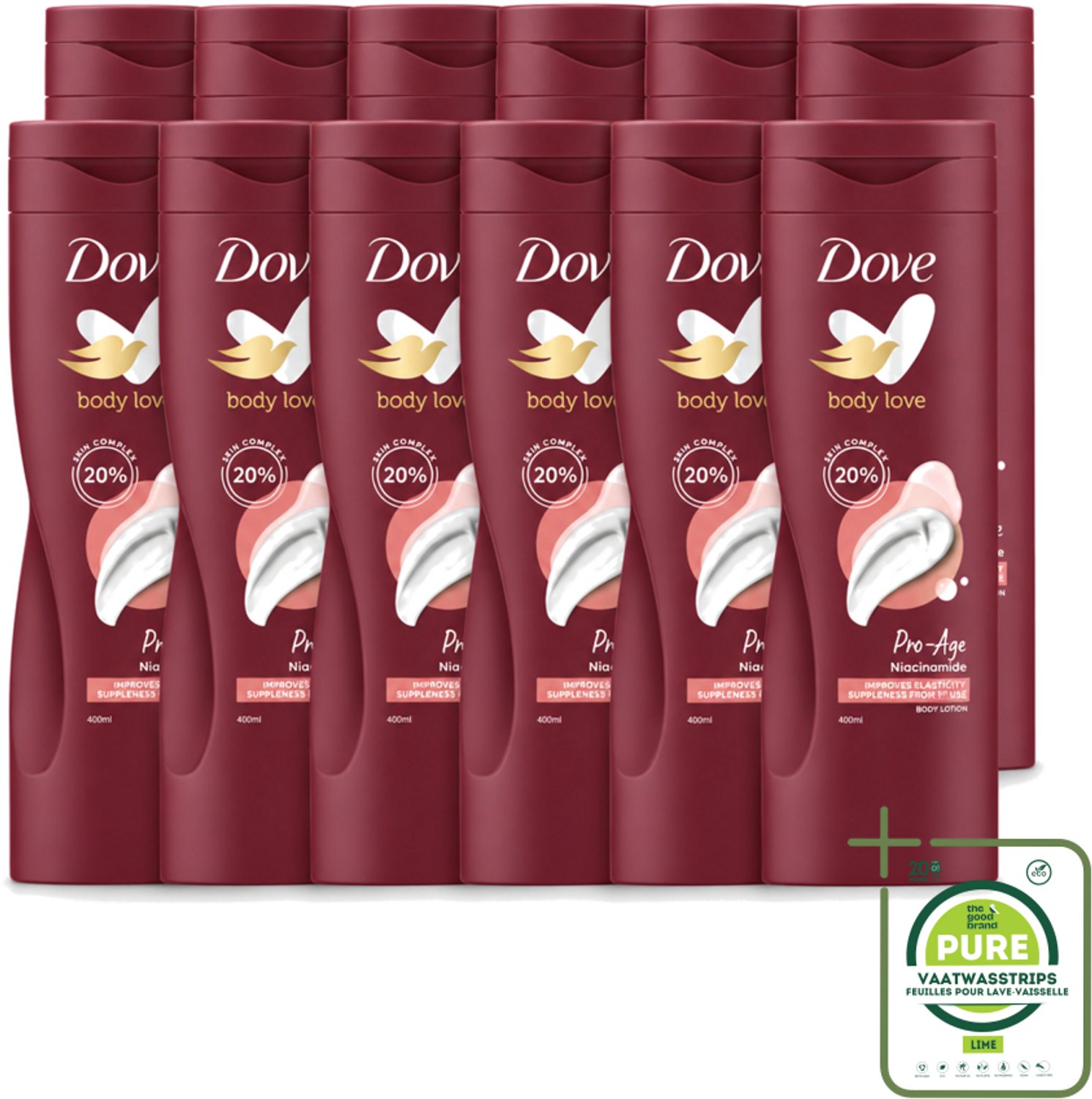 12 x Dove – Bodylotion – Body Love Pro Age – 400 ml - Grootverpakking - Vaatwasstrips - Hydratatie Huid - Bodylotion Voor Rijpere Huid - AHA Complex - Niacinamide - Huidverzorging