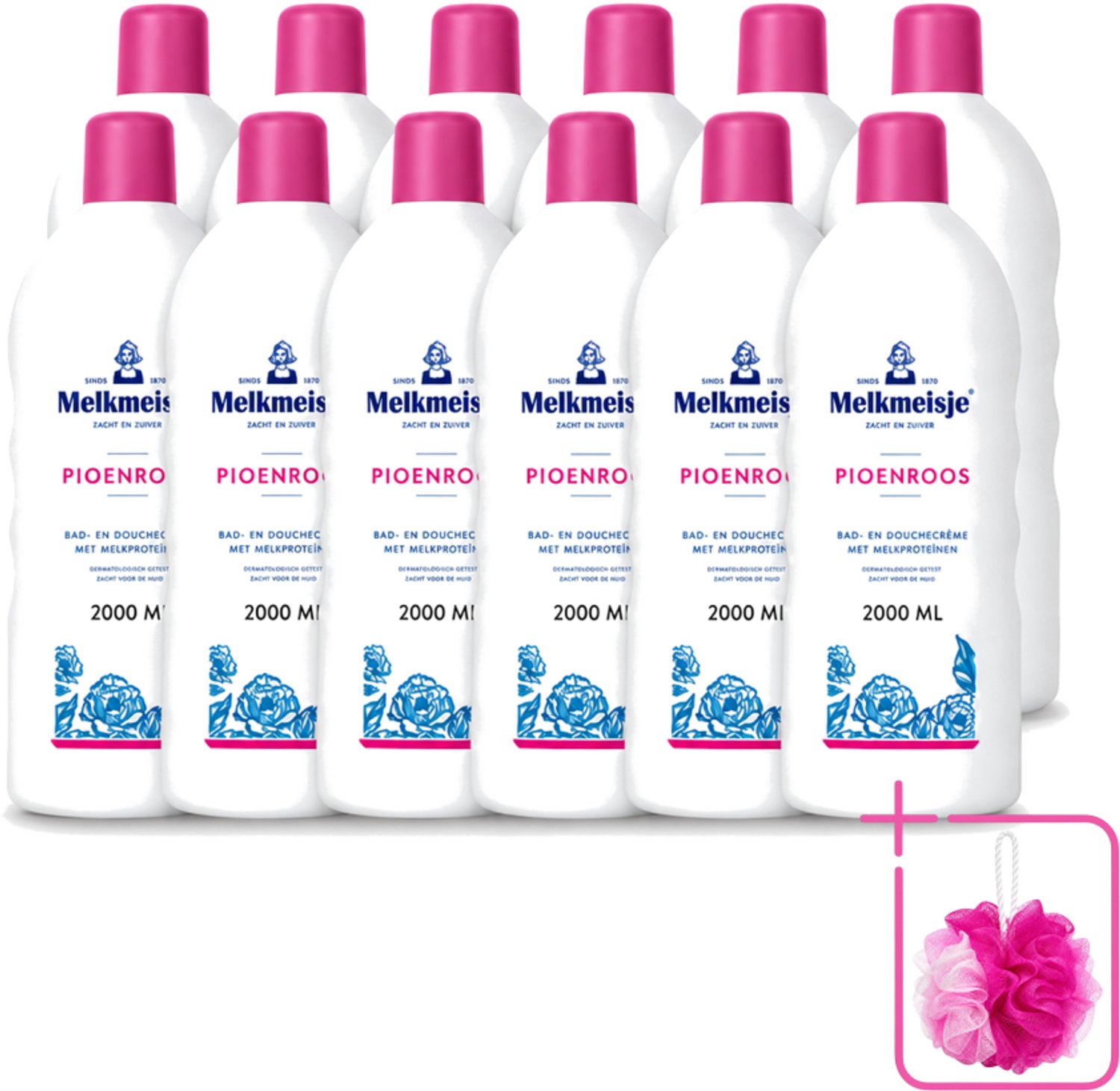 12 x Melkmeisje - Bad & Douche - Pioenroos Geur - Verzorgend & Hydraterend - 2000 ml - Bulkverpakking - Douchecrème - Douchemop - Melkmeisje