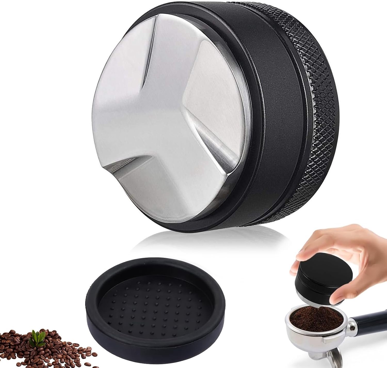 Espresso Distributeur, 58 mm roestvrijstalen koffiepers met instelbare diepte, eenvoudig en draagbaar dispenser voor koffie, zeefhouder voor het stampen (met siliconen rond kussen)