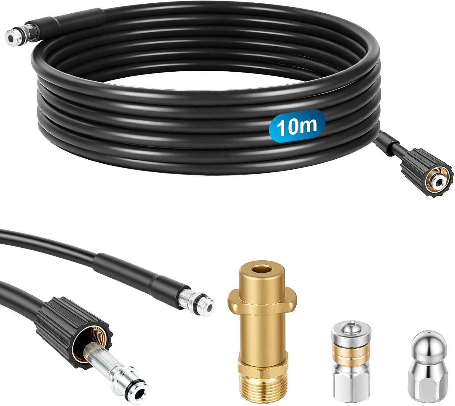 Complete Tube Cleaning Set van 10 m met Adapter en Nozzles voor Hoge Druk, Geschikt voor Diverse Hogedrukreinigers en Efficiënte Buizenreiniging