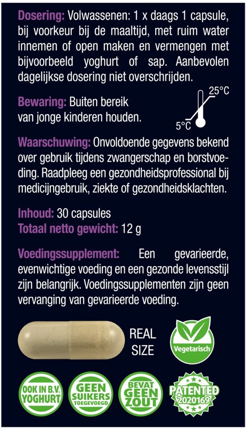 Doos met 30 capsules. Bevat geen suikers, geen zout, "ook in B.V. yoghurt" en "vegetarisch".