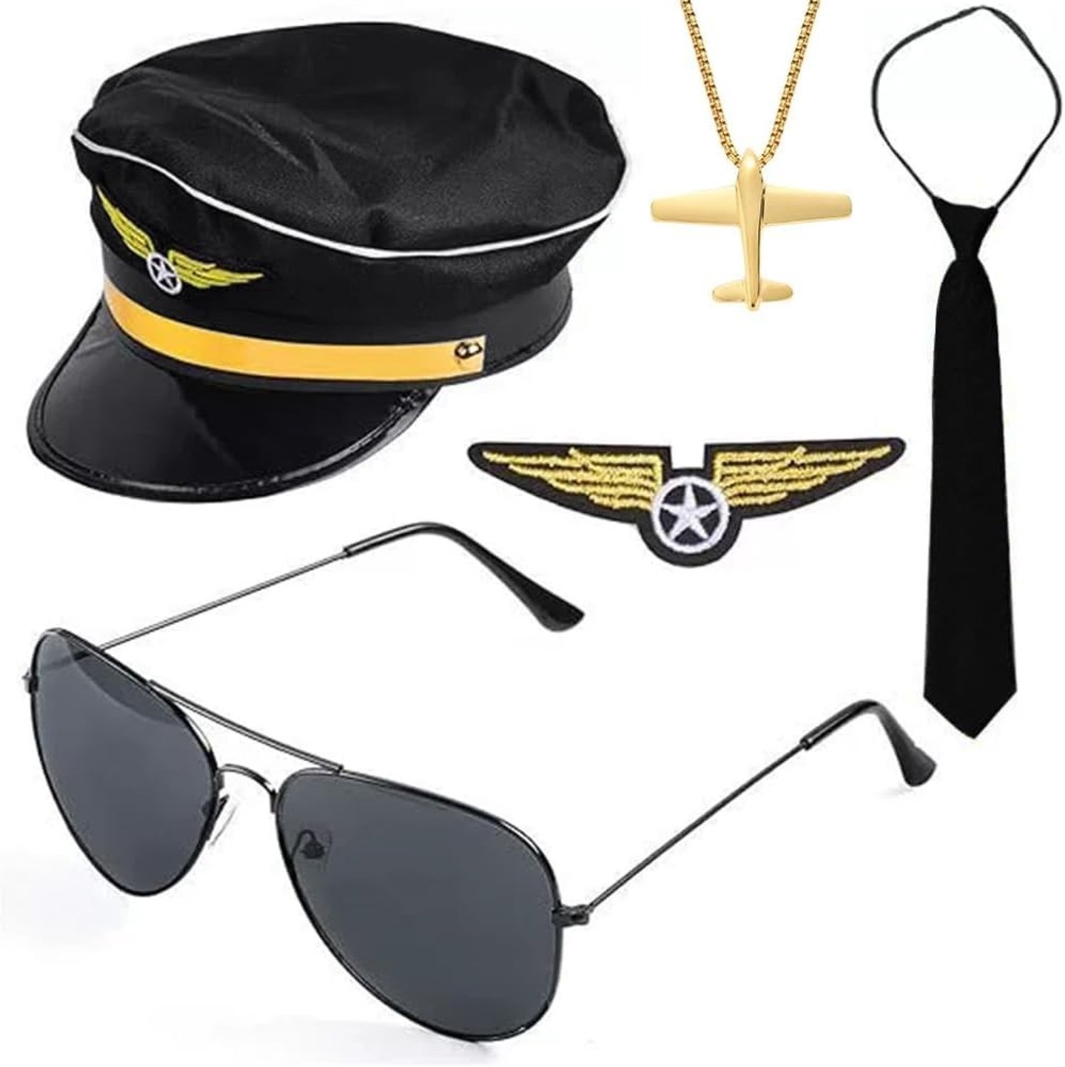 Piloten kostuum set met pet, vleugelbadge, aviatorbril, stropdas en schouderbadge voor cosplay, carnaval en themafeesten
