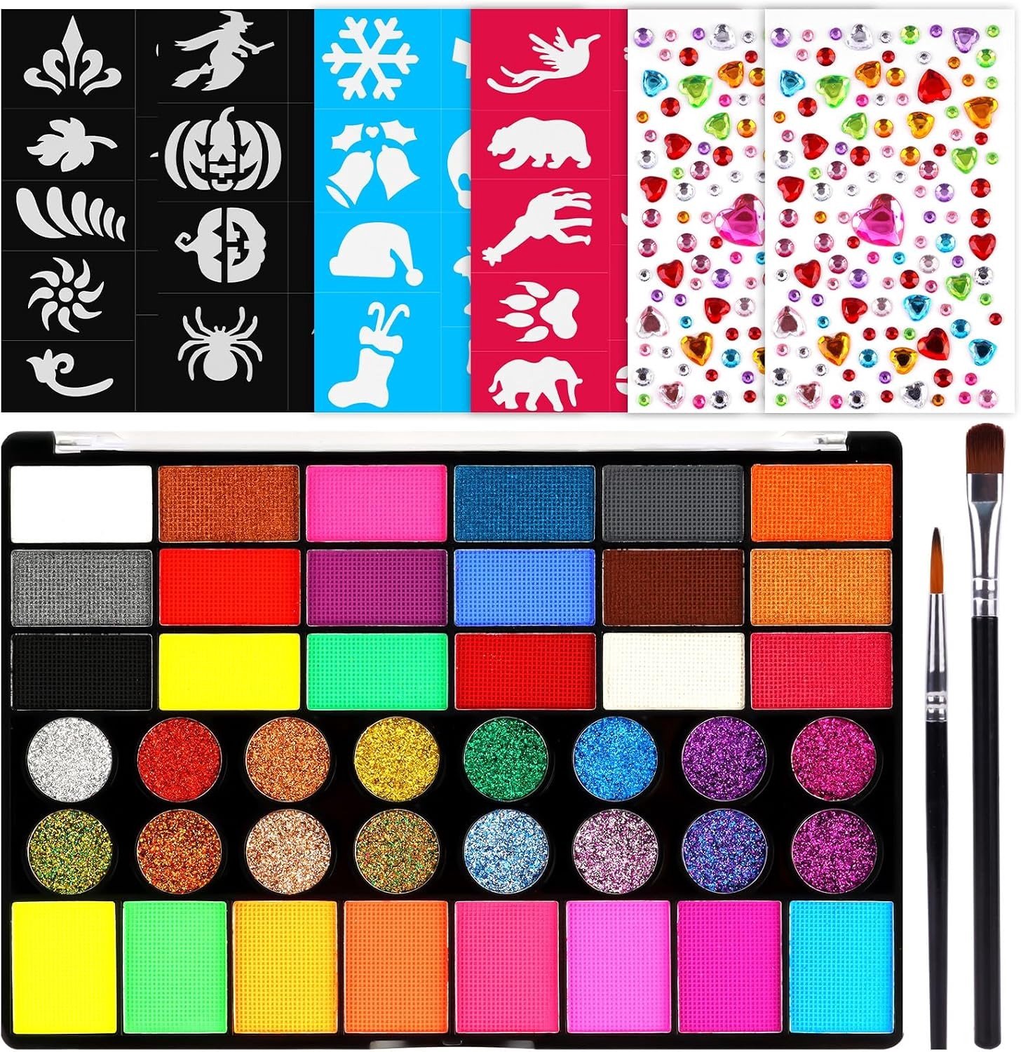 Waterbasis Gezichtsverf Set met 42 Kleuren, Inclusief Stencils, Kwasten en Versieringen voor Feestjes, Halloween en Carnaval