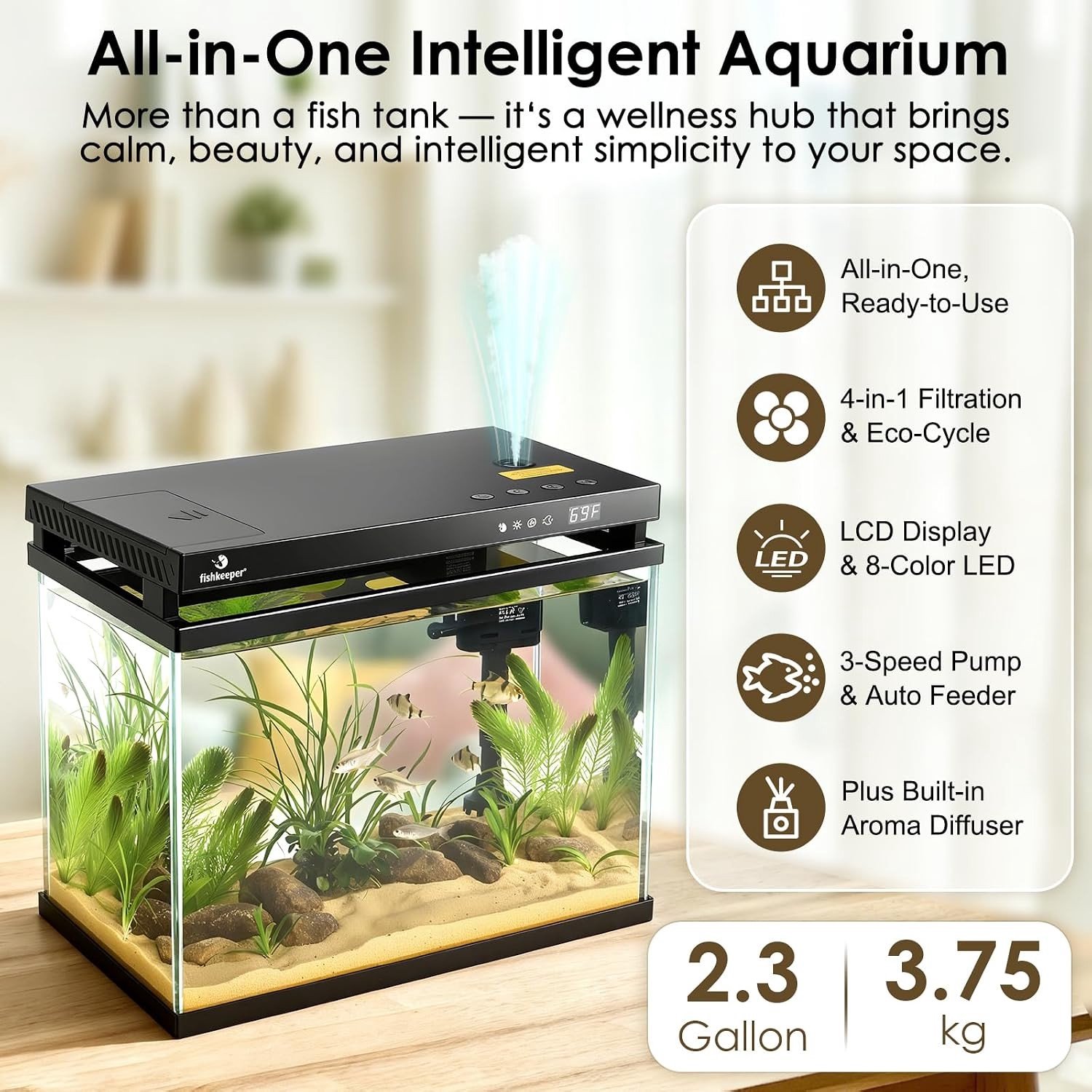 Complete 5-in-1 Mini Aquarium Starter Set met LED Verlichting, Automatische Voeding en Zelfreinigende Pomp, 8.6L Nano Aquarium voor Beginners met Aromatherapie en Onderhoudsgemak thumbnail 3