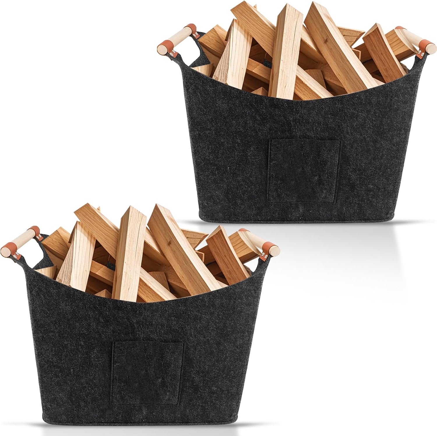 Brandhoutdrager met houten handgrepen, vilten brandhoutmand en voorvak multifunctionele opvouwbare opbergtas met grote capaciteit (2 stuks)