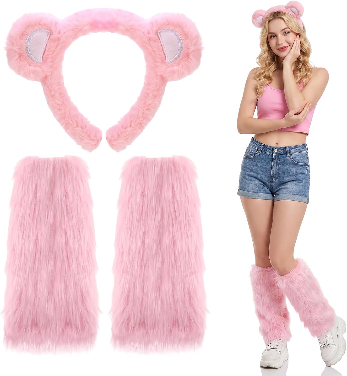 Beeroorkostuum, dierenkostuumaccessoires, met teddybeer-oorhoofdband en harige manchetten voor dames, voor themafeesten, cosplay, Halloween en carnaval