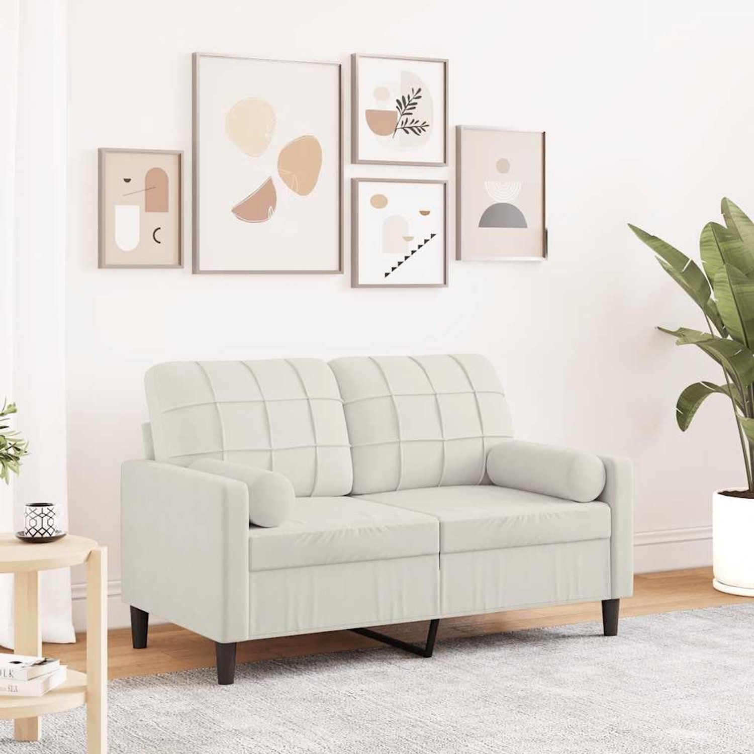 2-zitsbank, 120 cm, fluweel, crème, met sierkussen, afneembare overtrek, robuust metalen frame, zachte velours bekleding voor woonkamer en ontspanning