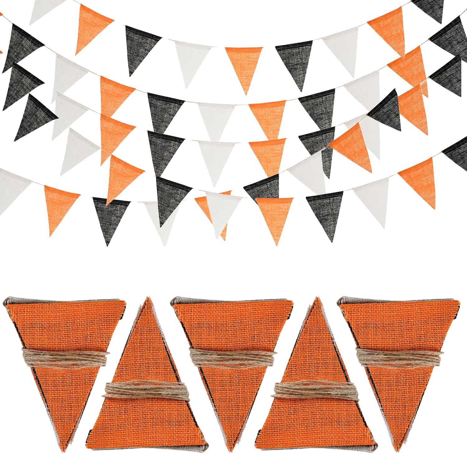 Juten vlaggetjesslinger, 5 stuks, 20 m, vintage slinger, outdoor, weerbestendig, boho-vlaggetjesslinger, met 60 stuks vlaggetjes voor bruiloften, verjaardagen, feestjes en tuindecoratie (oranje, zwart